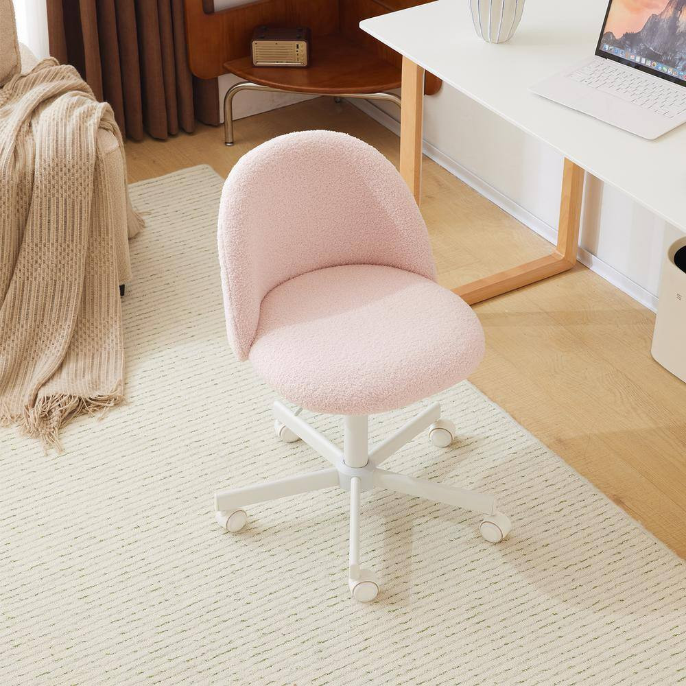 Teddy Fleece Velvet Seat Liftable Swivel Office Chair in Light Pink Armless