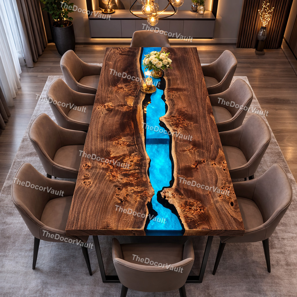 Blue Epoxy Resin River Tabletop Solid Walnut Wood Live Edge Dining Desk Tabletop