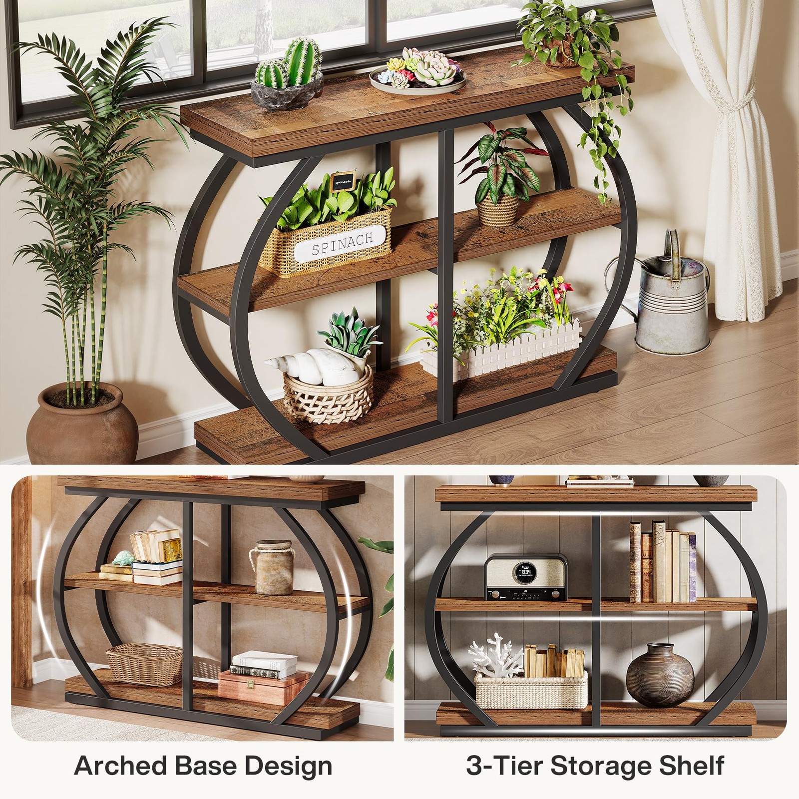 41.3″ Console Table Industrial 3-Tier Entryway w/Metal Frame & Stone Base