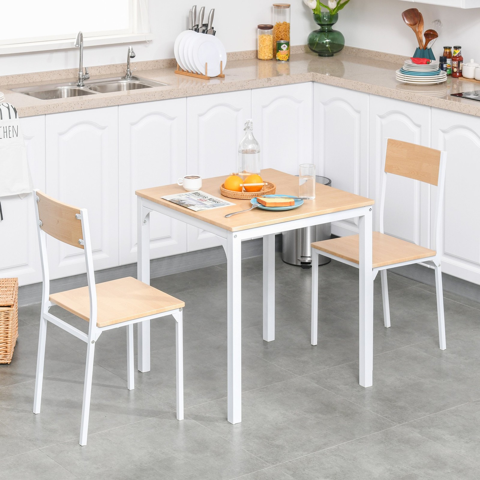 3 Piece Dining Set Kitchen Small Space Square Table and 2 Chairs Metal Frame Oak