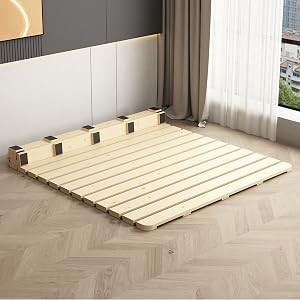 Foldable Floor Bed Frame, Breathable Wooden Roll-Up Slats Base for Japanese