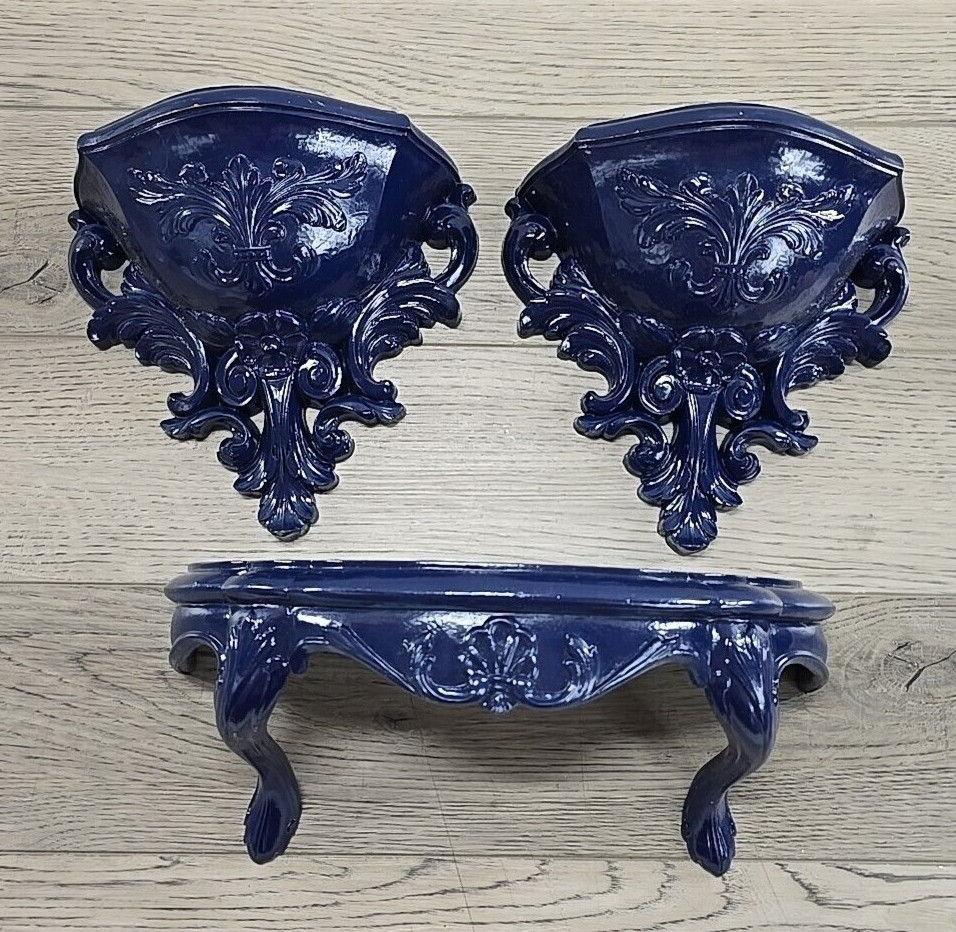 Vtg Burwood Regency Style Fleur De Lis Dark Blue Plastic 2625 Shelves Set 3 Pc