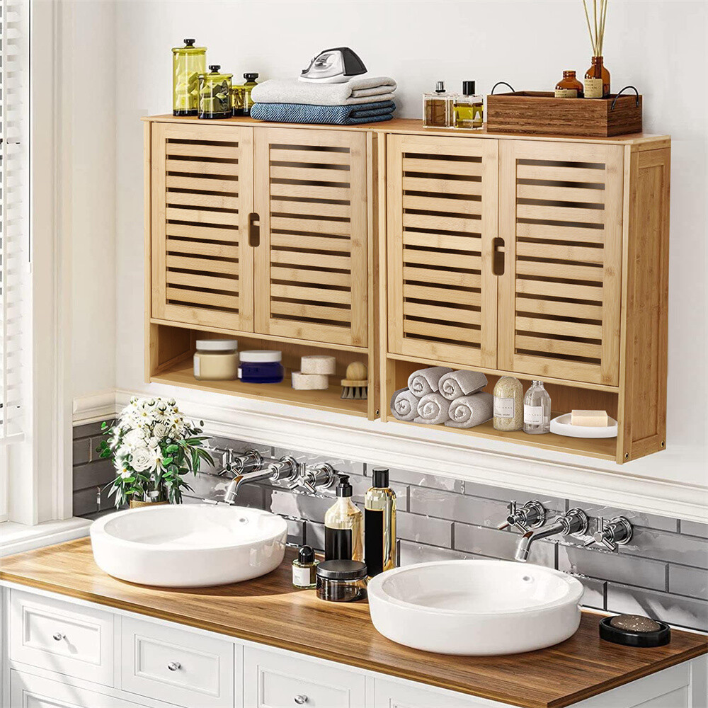 Bamboo Cupboard Storage Cabinet Kitchen Bathroom Spacesaver with 3-tier Shelves