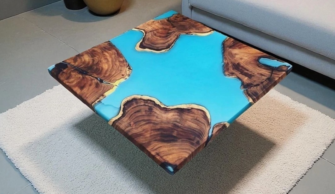 18″ Sky Blue Resin River Coffee Table Top | Live Edge Wood & Epoxy Square Table