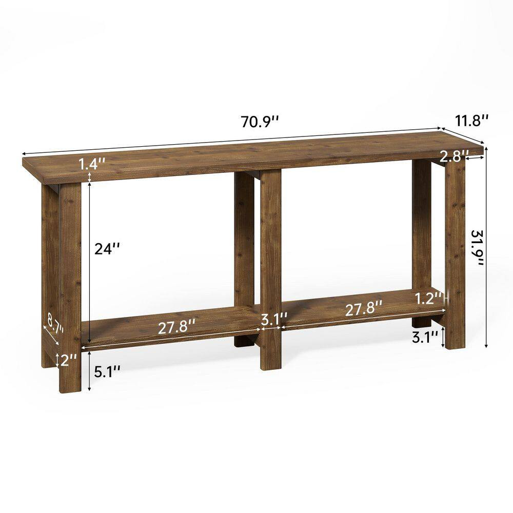 70.9 In. Natural Brown Rectangle Solid Wood Console Table, Long Sofa Table behin