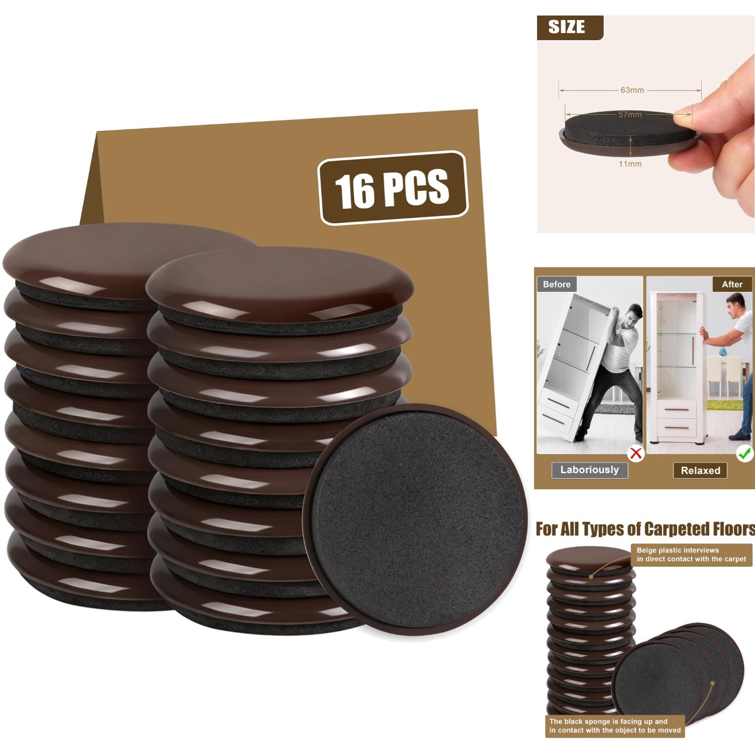 16PCS Furniture Sliders for Hardwood Floors & Carpet Heavy Duty Reusable Movers