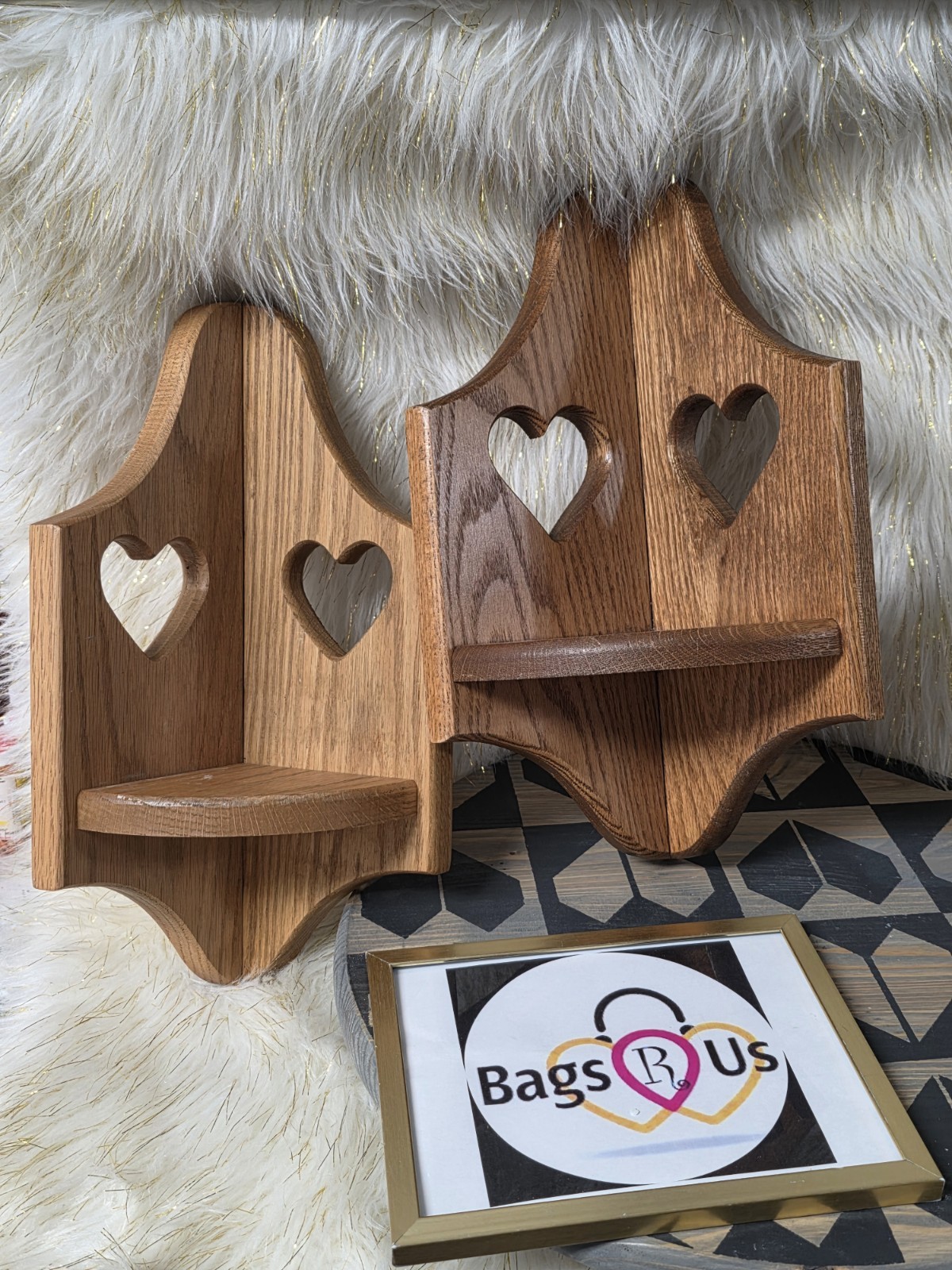 VINTAGE COTTAGE CORE PAIR OF SOLID WOODEN HEART CORNER SHELF SHELVES MADE IN USA