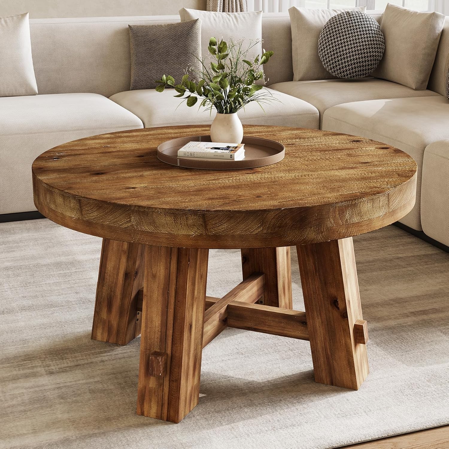 31.5-Inch Solid Wood Round Coffee Table with Thickened Tabletop for Small Spaces