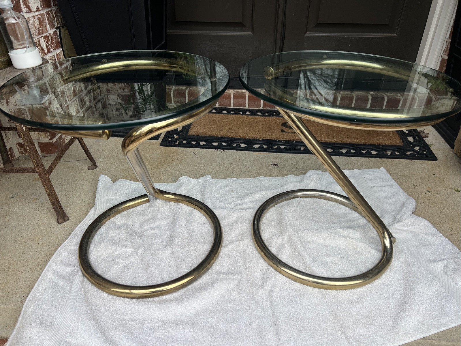 Vintage Pair Paul Tuttle “Z” Base Tubular Metal Glass Top End Table Set Retro