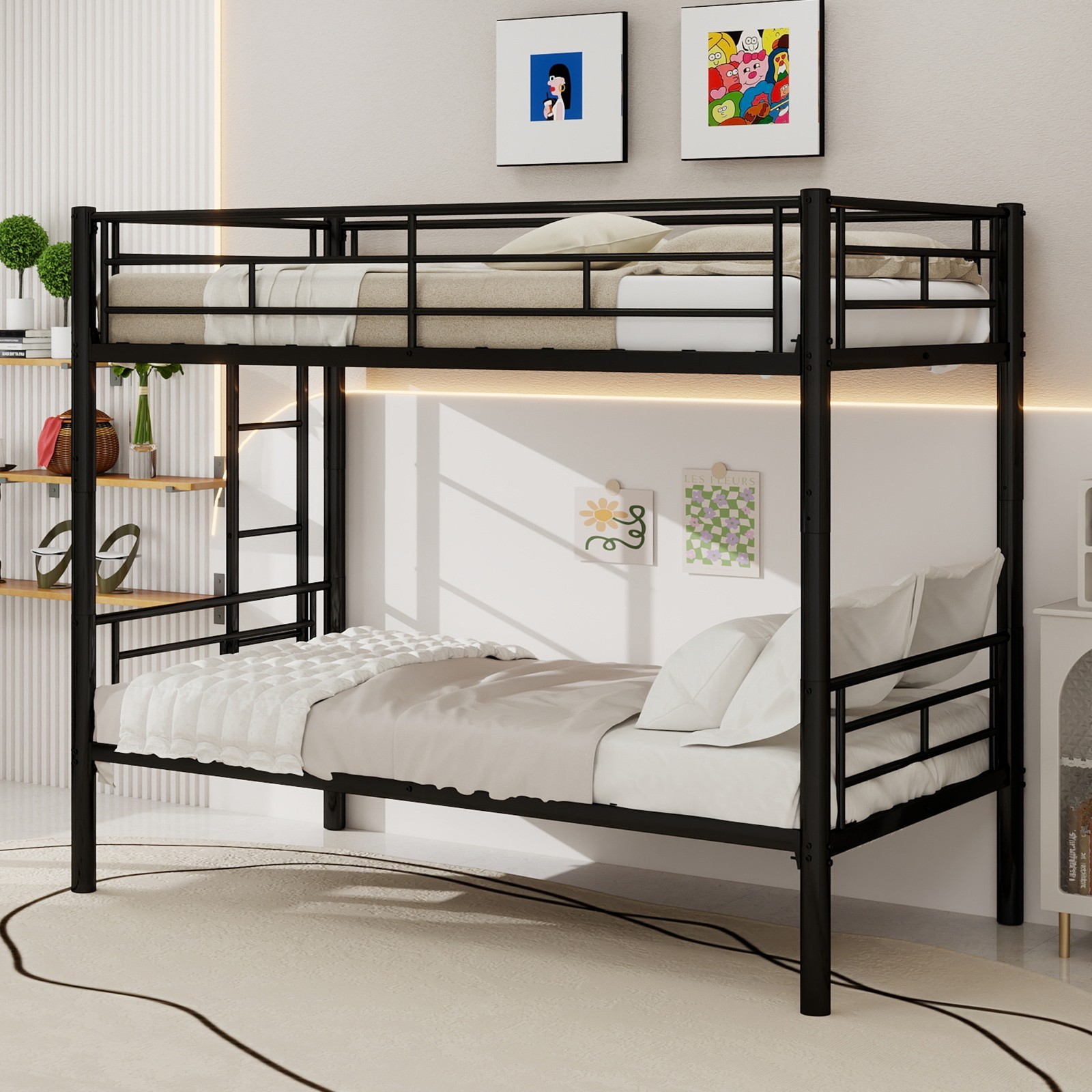 Twin Over Twin Metal Bunk Bed with Metal Structure Bedframe & Ladders for Kids