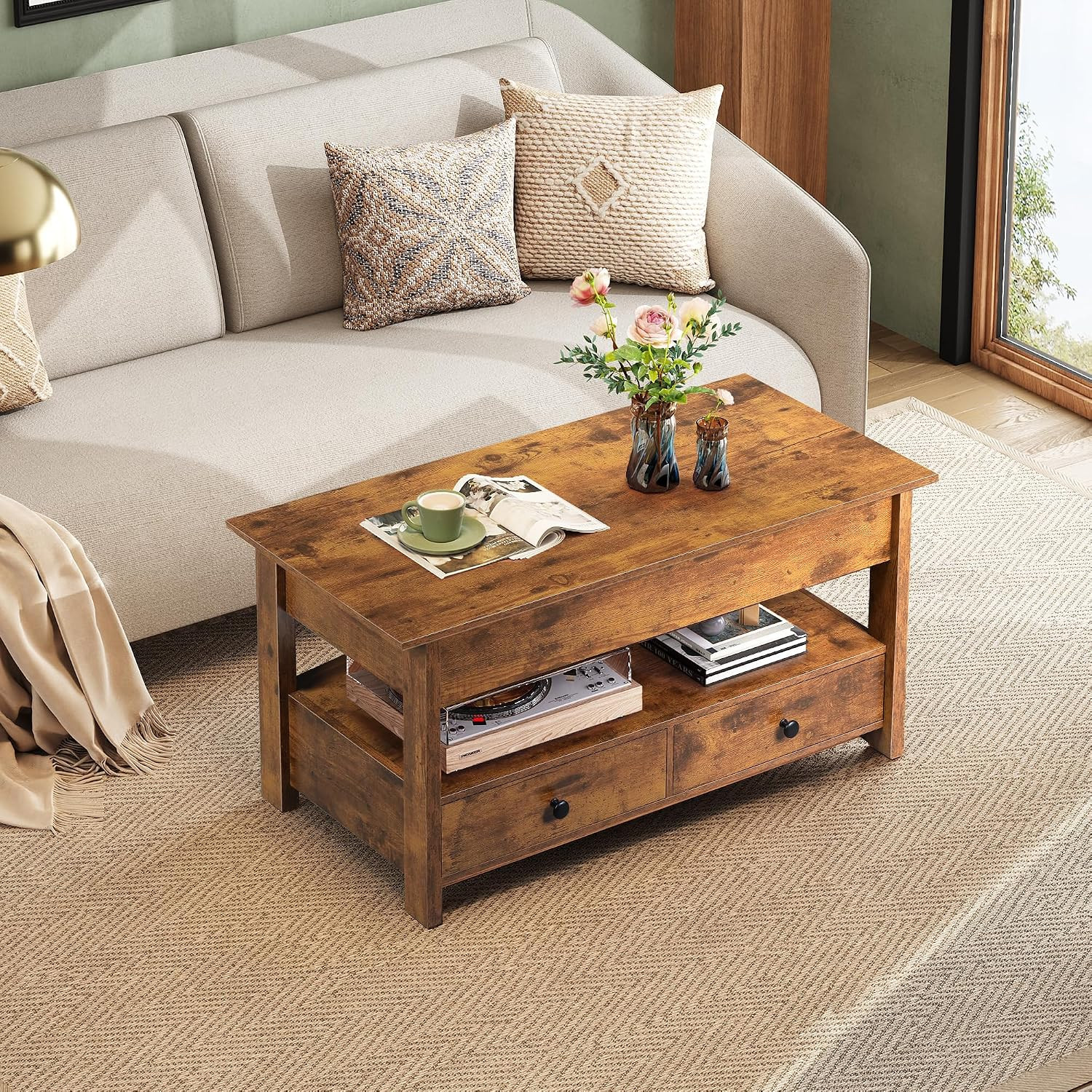 Coffee Table, Lift Top Coffee Table with 2 Drawers, Large Storage and Open Shelf