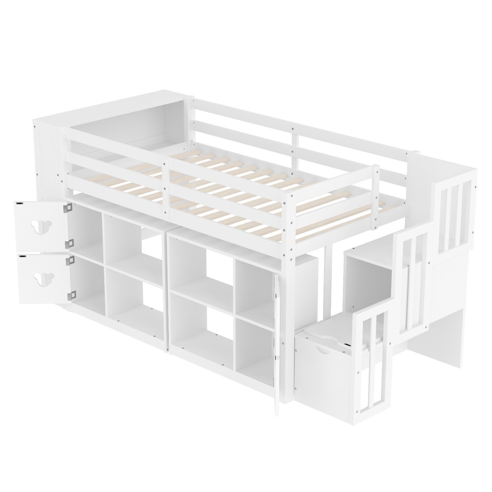 Twin Size Low Loft Bed With Shelves,Storage to Headboard and Stair, Grey