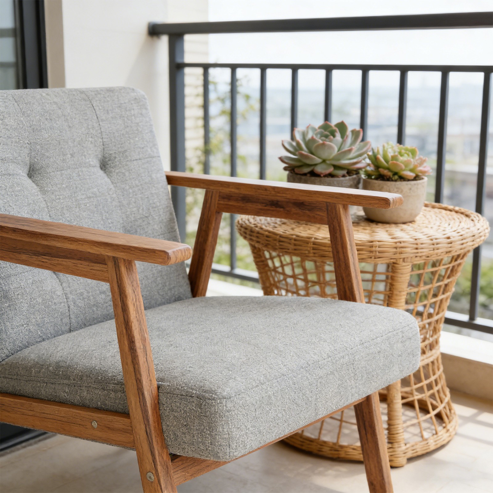 Light Grey Modern Accent Chair with Walnut Finish – Thick Cushion