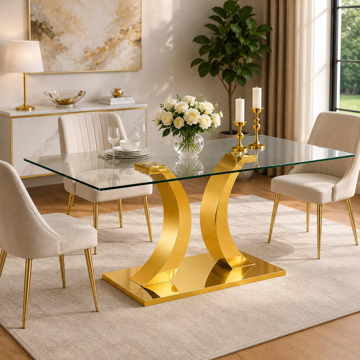63″ Rectangular Glass Dining Table with Gold C-Shaped Base, Seats 6-8