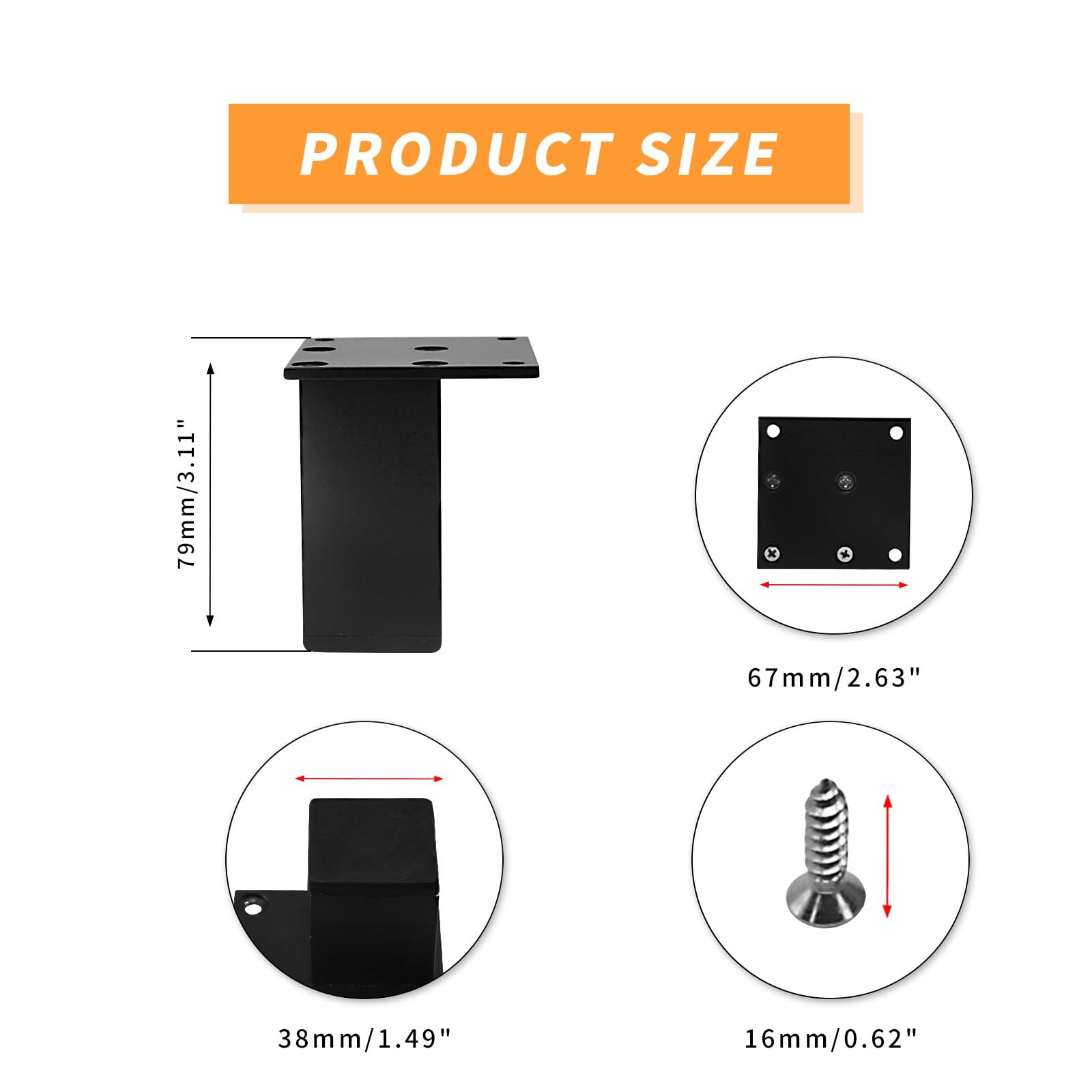 4 PCS 3 Inch Metal Furniture Legs Square Cabinet Support Foot Sofa Black