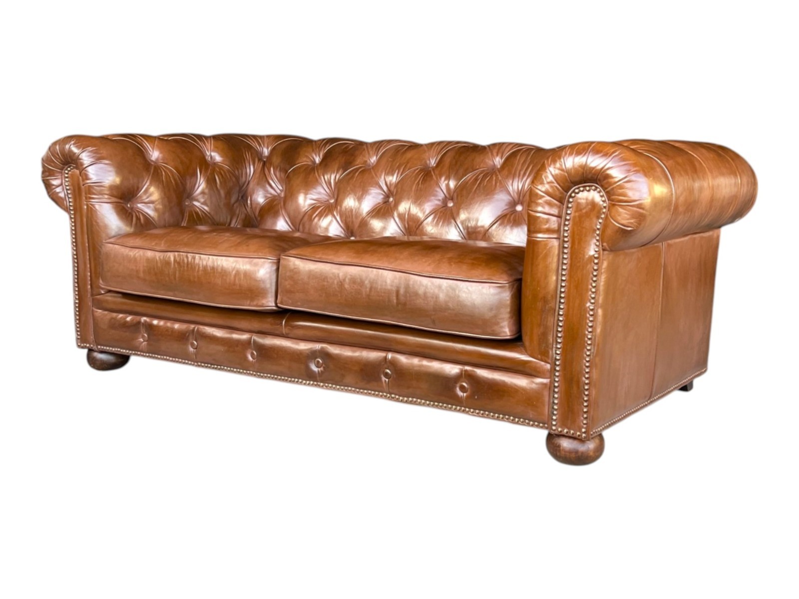 Vintage Chesterfield Leather Sofa Light Brown Tufted Restored Brass Casters