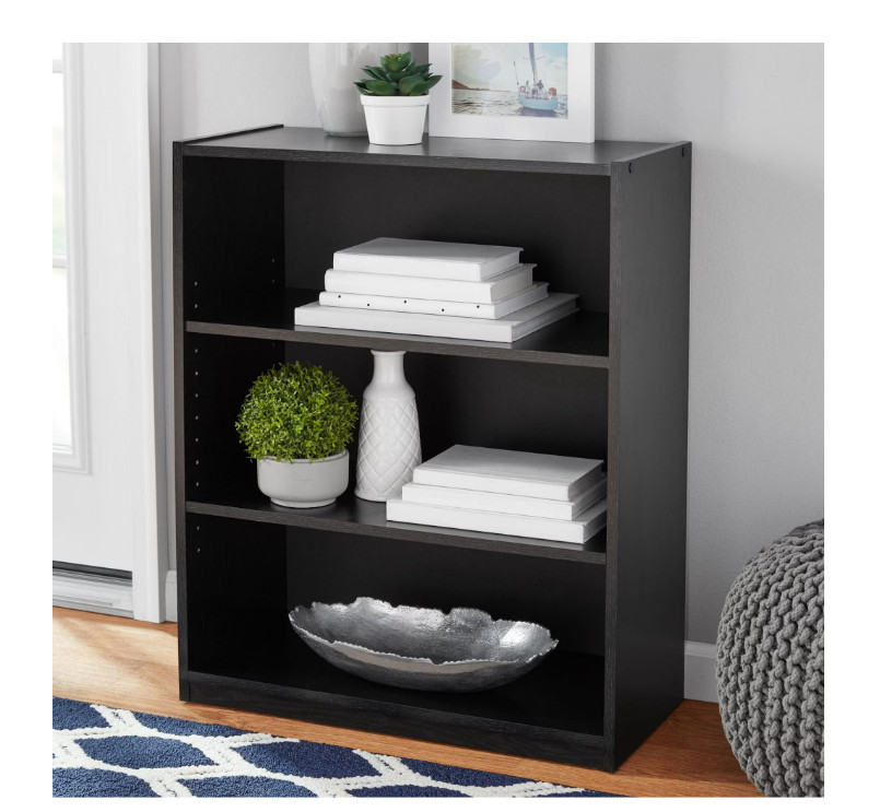 3-Shelf Bookcase Adjustable Shelves True Black Oak Storage Organizer