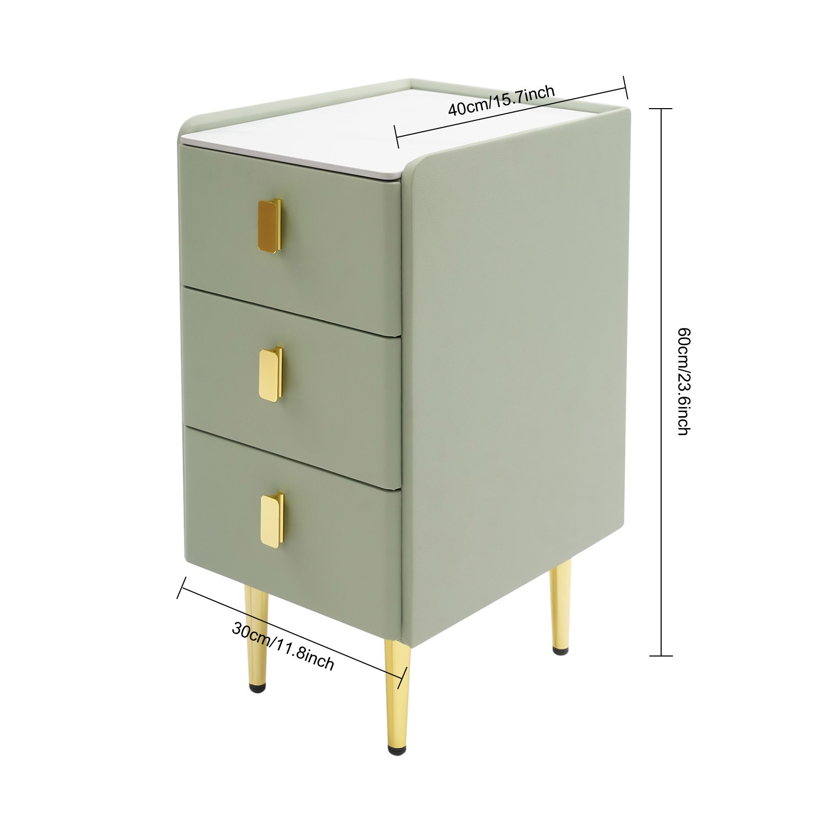 Narrow 3-Drawer Nightstand Bedside Table Green Gold Leather Rock Slab Top