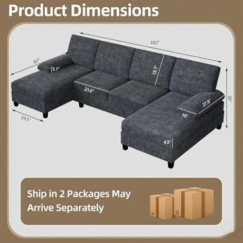 U-Shaped Sectional Sofa with Double Chaise,Linen Fabric 4-Seat Charcoal Grey