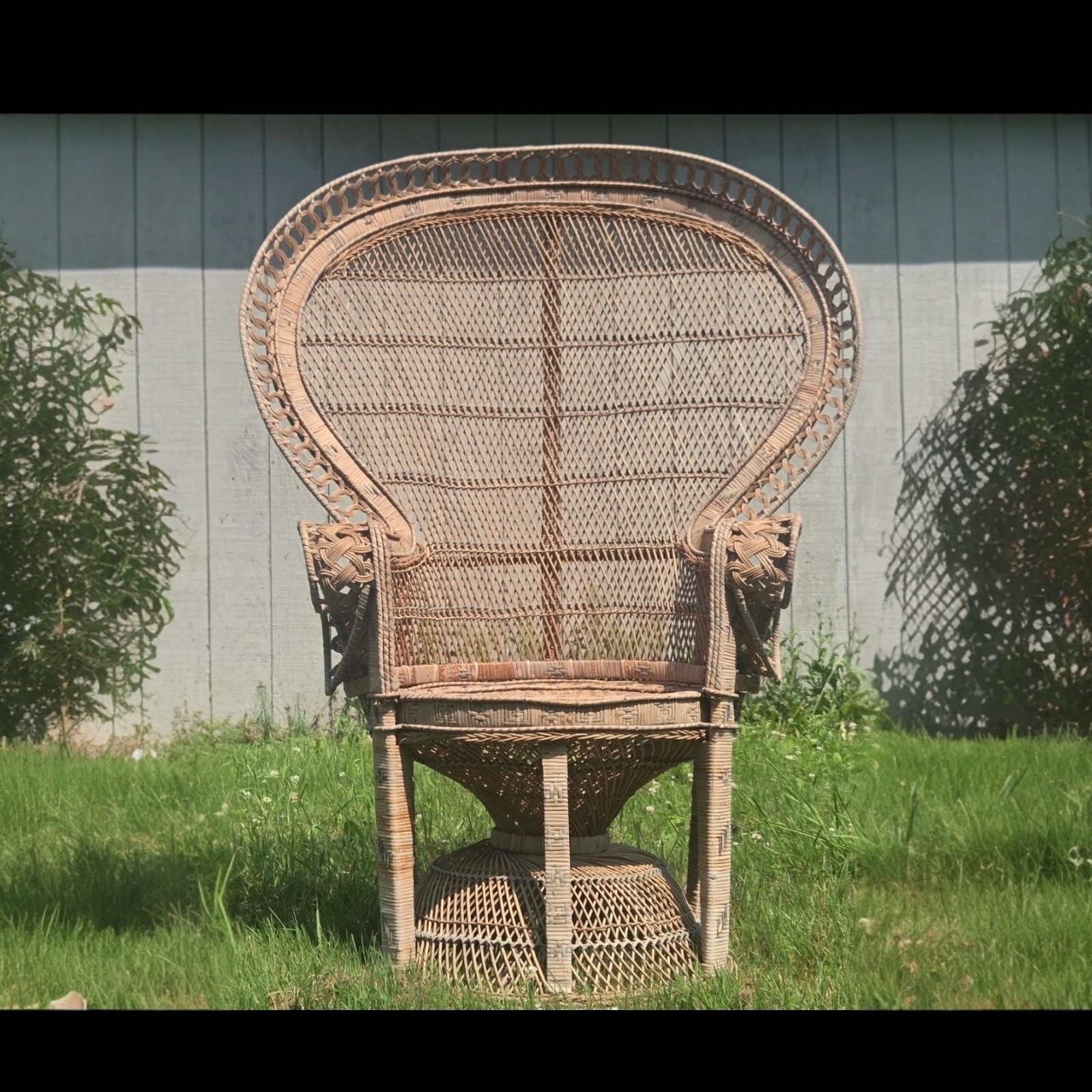Vintage Boho Wicker Peacock Chair Rattan Fan Back Throne Bohemian Decor Seat