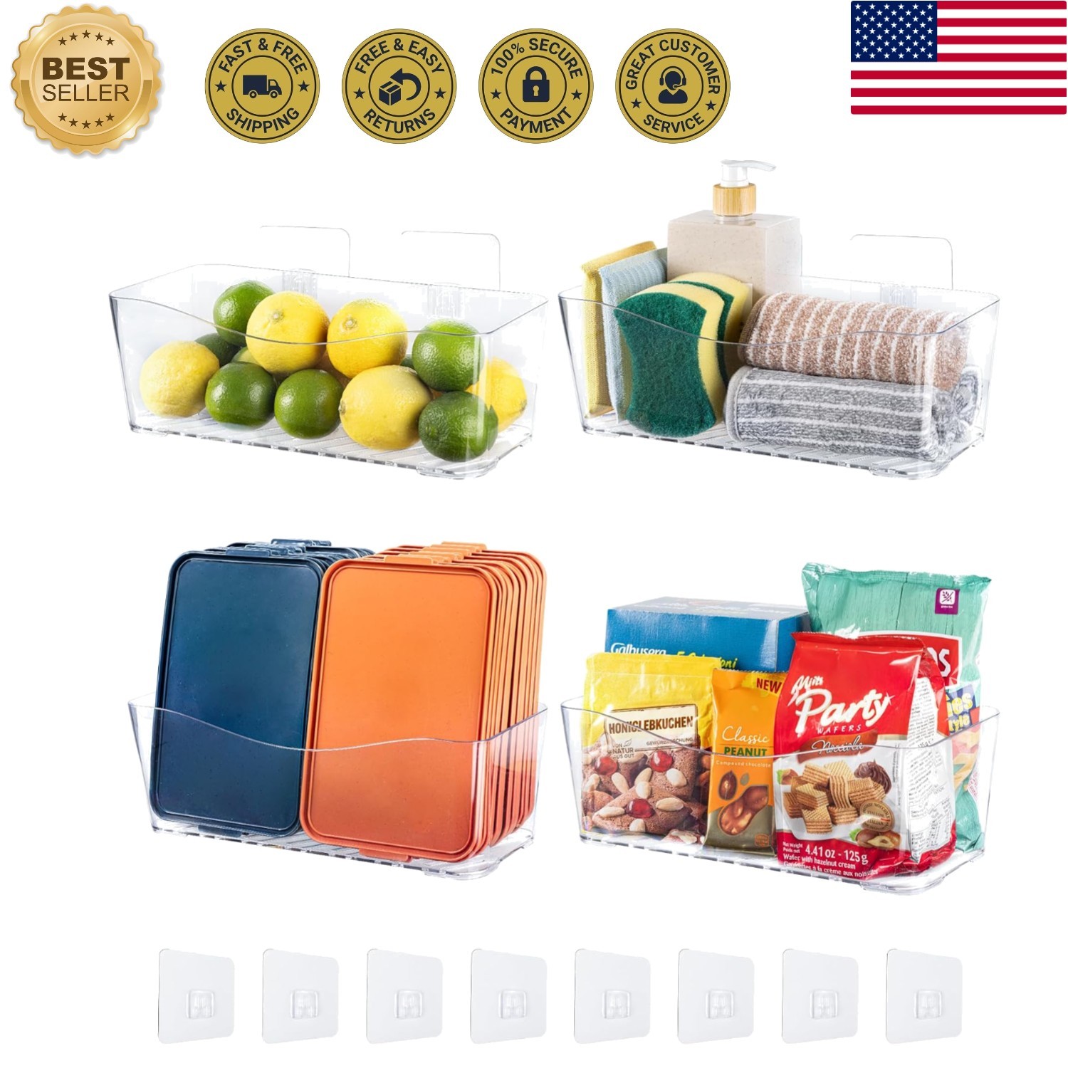 Multi-Purpose Adhesive Baskets for Kitchen & Bathroom – 4-Pack 11.4″ Organizers