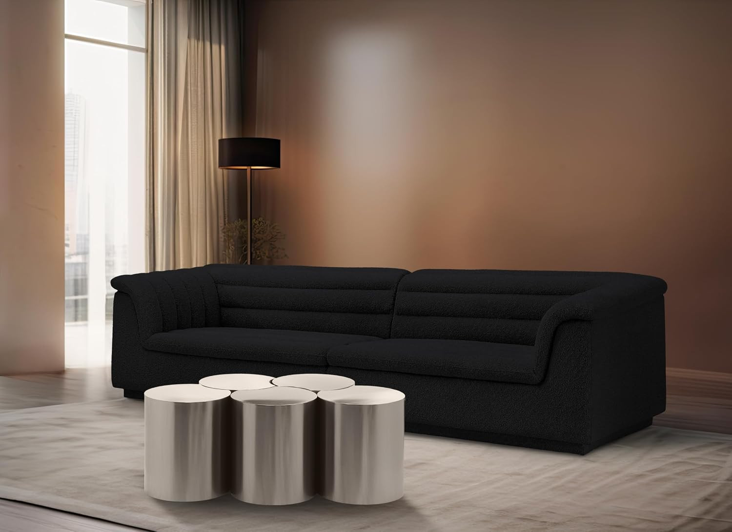 Modern 5D Dimple Coffee Table Set – Silver, 50″ W, Brushed Chrome Finish