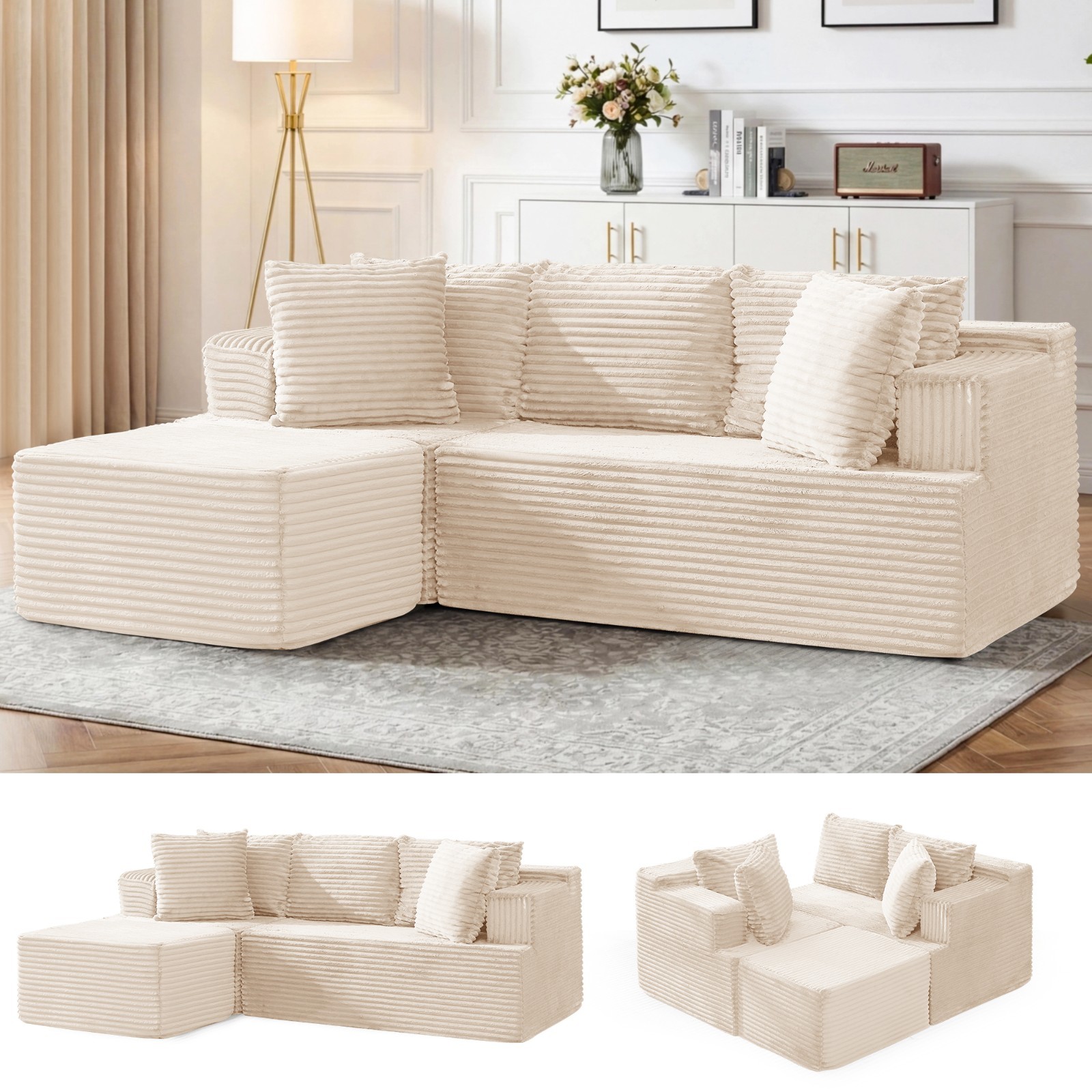 Korser 80″ Cloud Modular Sectional Sofa with L-Shaped & Movable Ottoman Corduroy