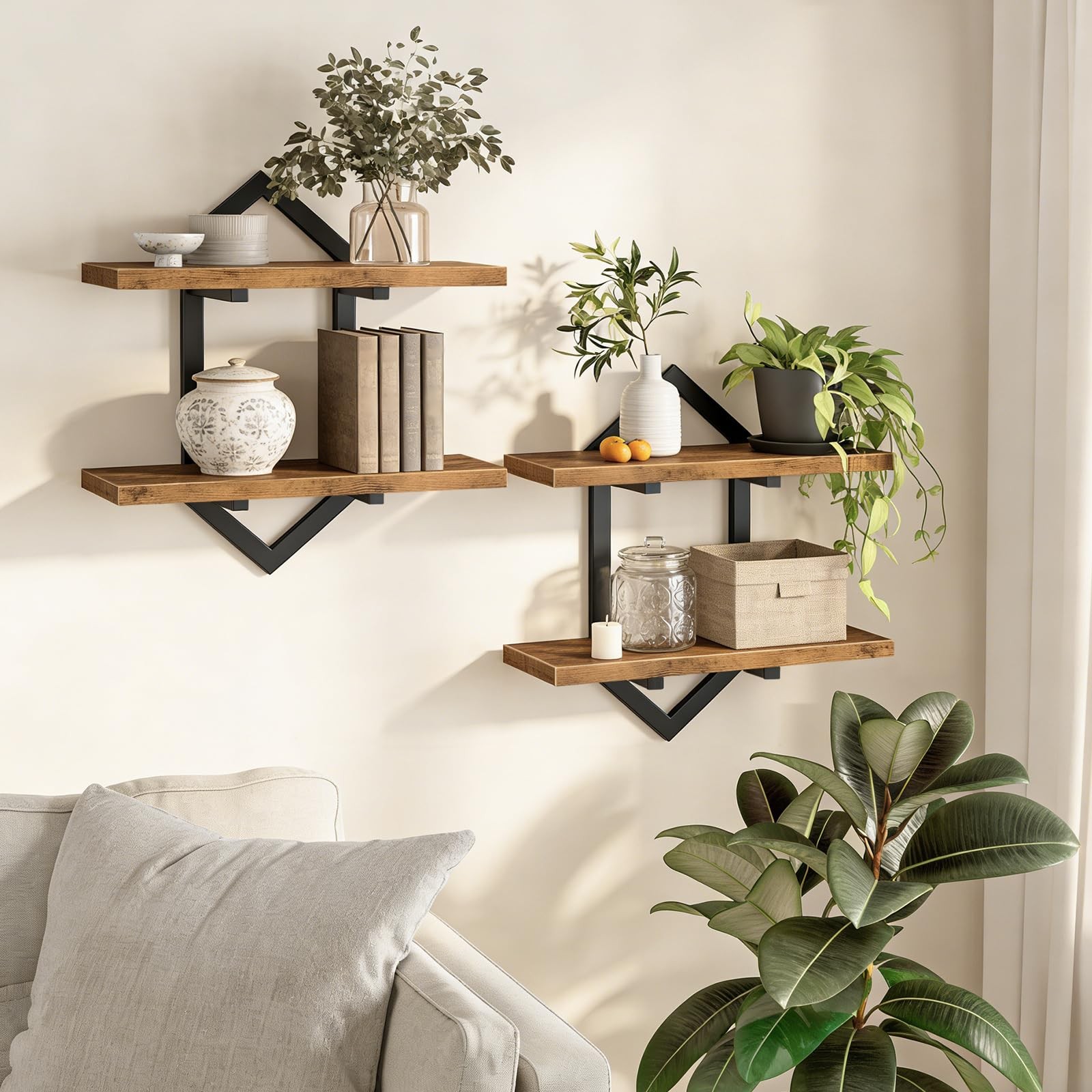 2 PCS 15 Inch Floating Wall Mounted Storage Shelves Rustic Brown BF13BJP201