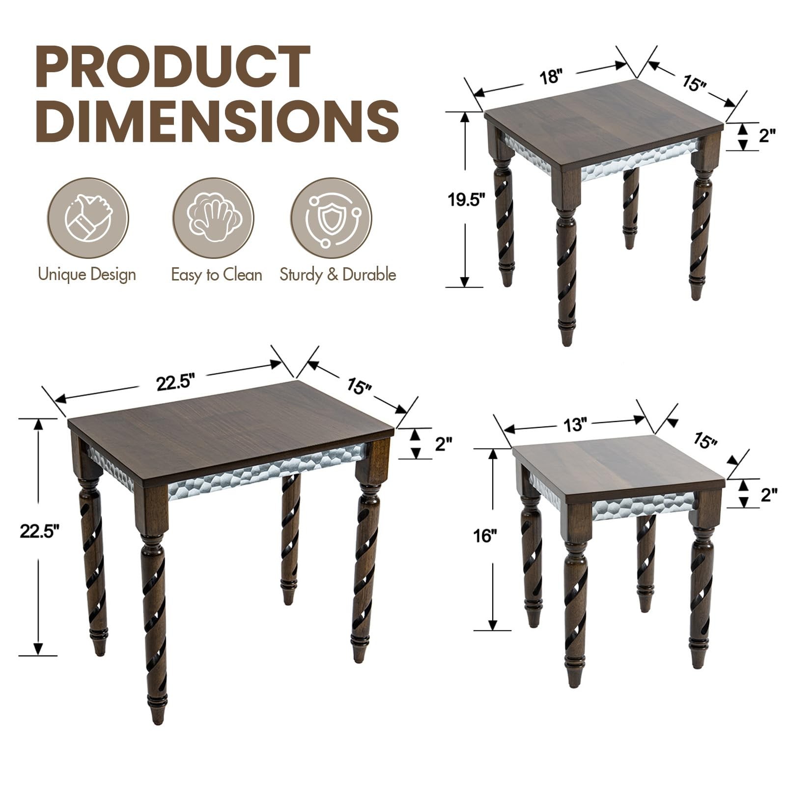 Nesting Tables Set/3 Walnut Mid-Century Spiral Rubber Wood Legs Honeycomb Apron