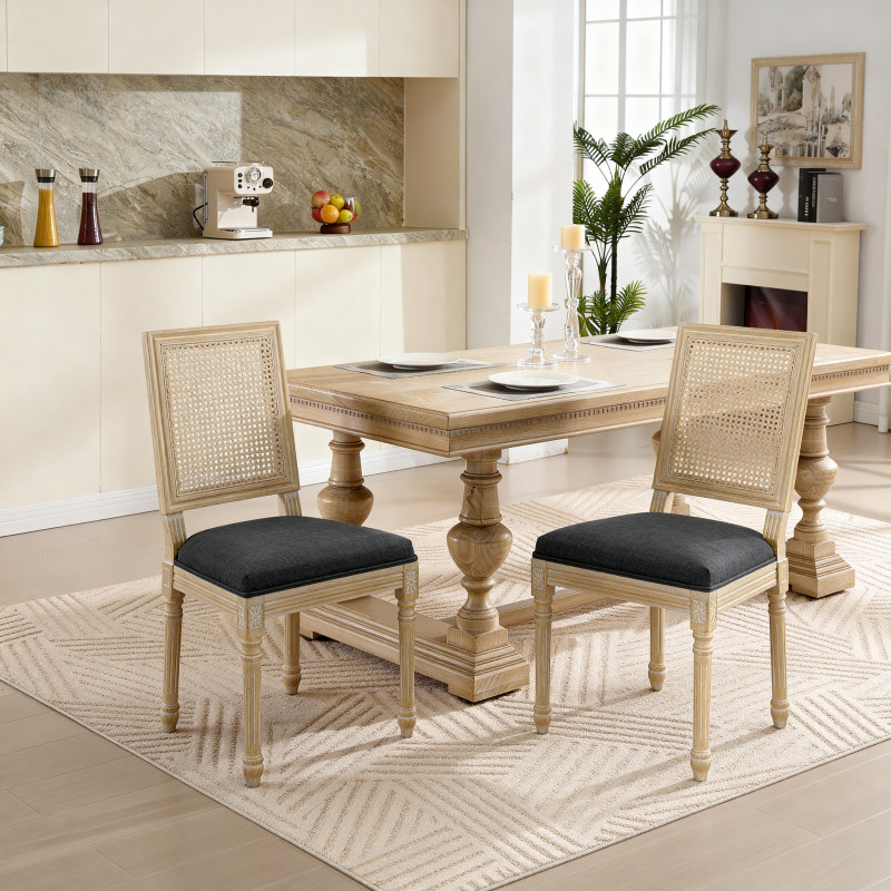 French Country Dining Chairs Set of 2,Upholstered Chairs with Rattan Square Back