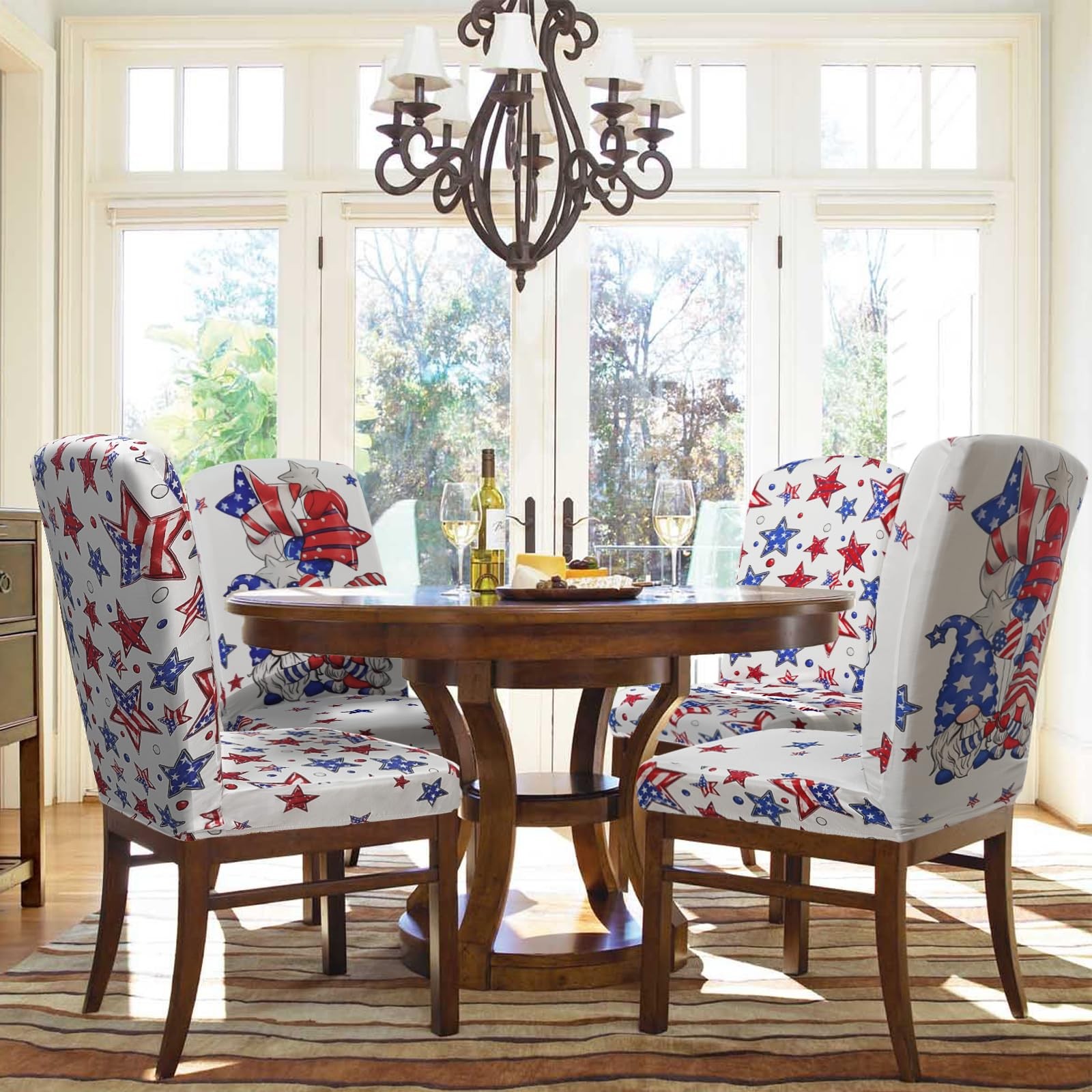 4th of July Chair Covers Set of 4 Gnomes Blue Red Stars Dining Room Slipcover…