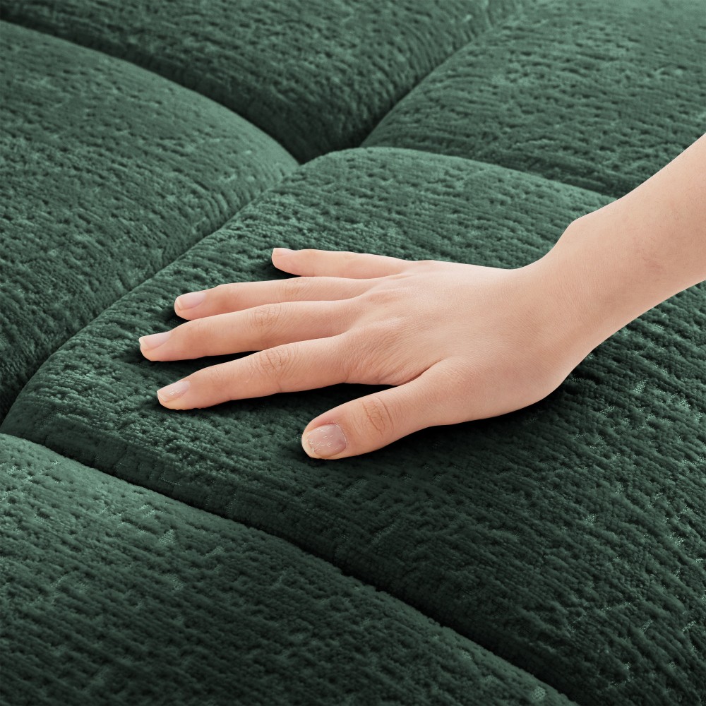 Green Chenille Sofa & Ottoman Set, w/ Tuffted Armrests, Deep Seat