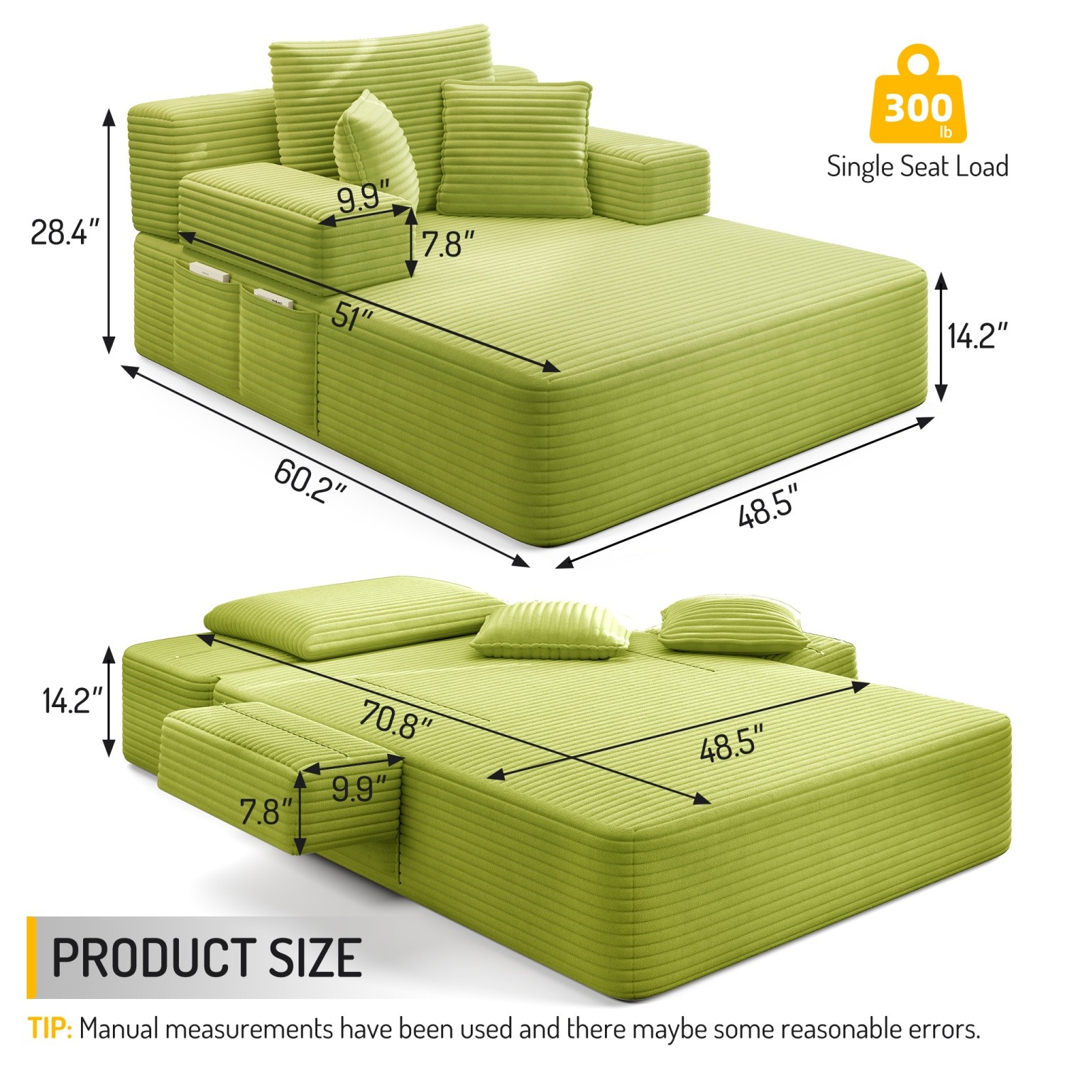 Modern Plush Corduroy Sofa Bed Chaise Lounge No Assembly Required with 3 Pillows