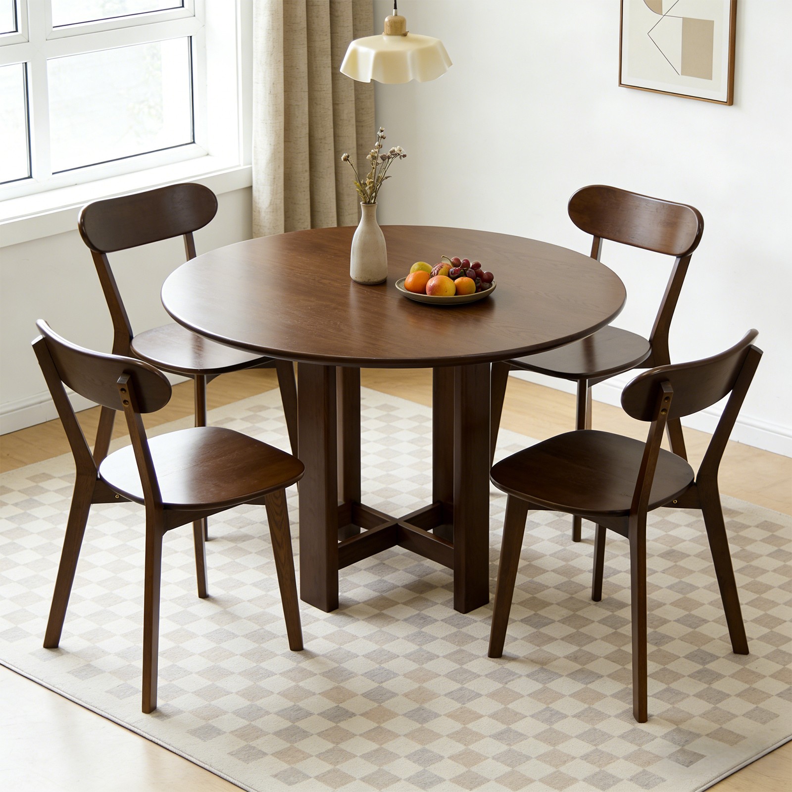Mid Century Modern Solid Wood Dining Chair with Curved Backrest, Walnut