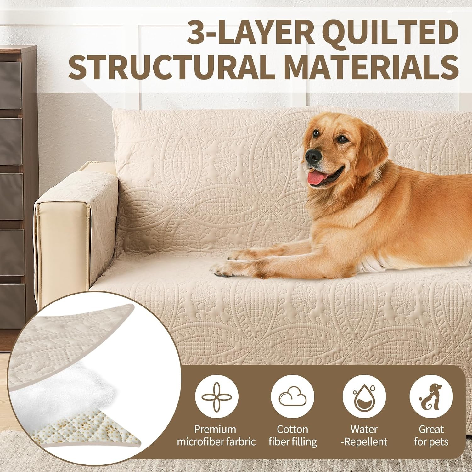 Beige Sofa Cover for Couch 68 Inch Stretch Washable Slipcover Non-Slip