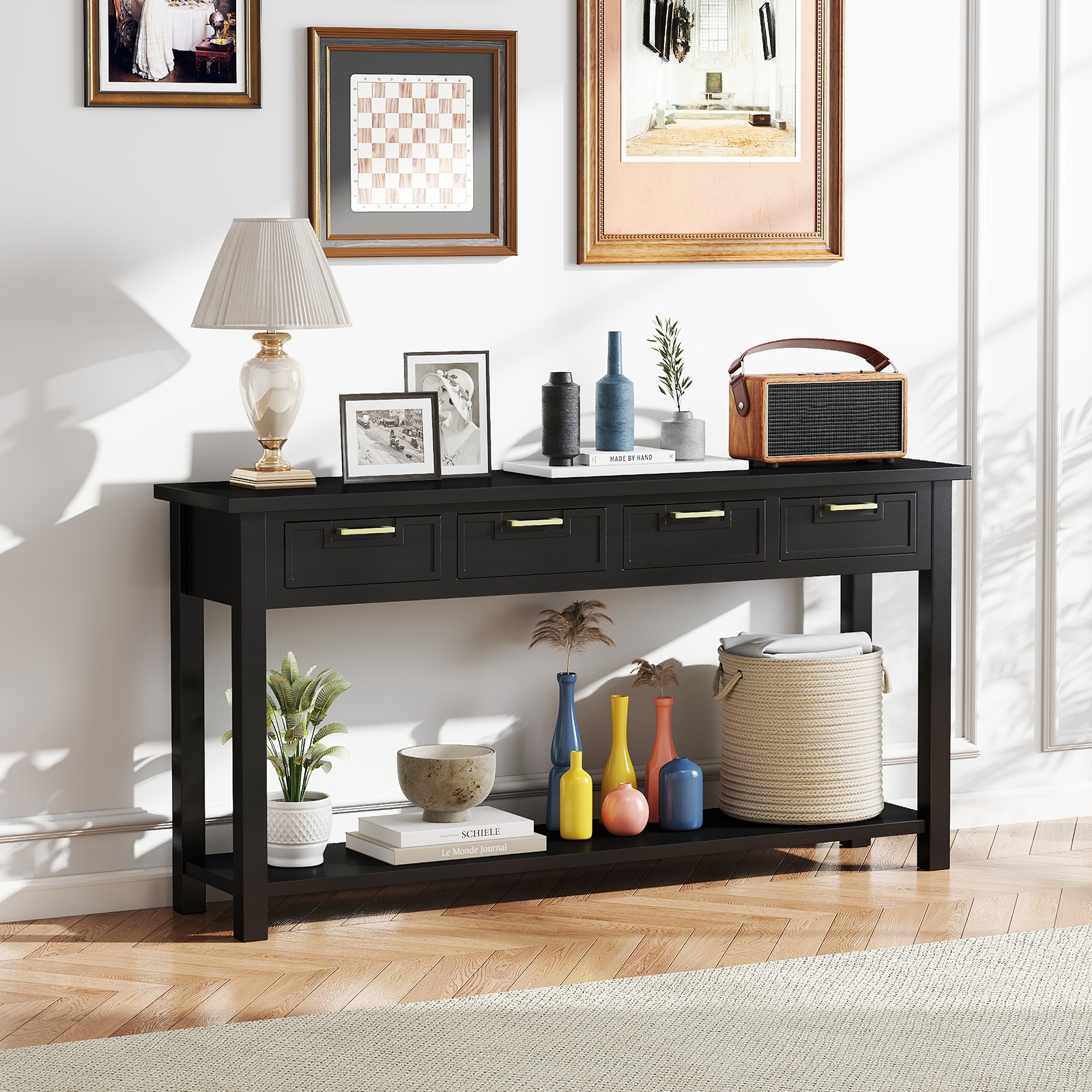 Console Table for Entryway, 60 Inch Sofa Table w/4 Drawers and Bottom Shelf