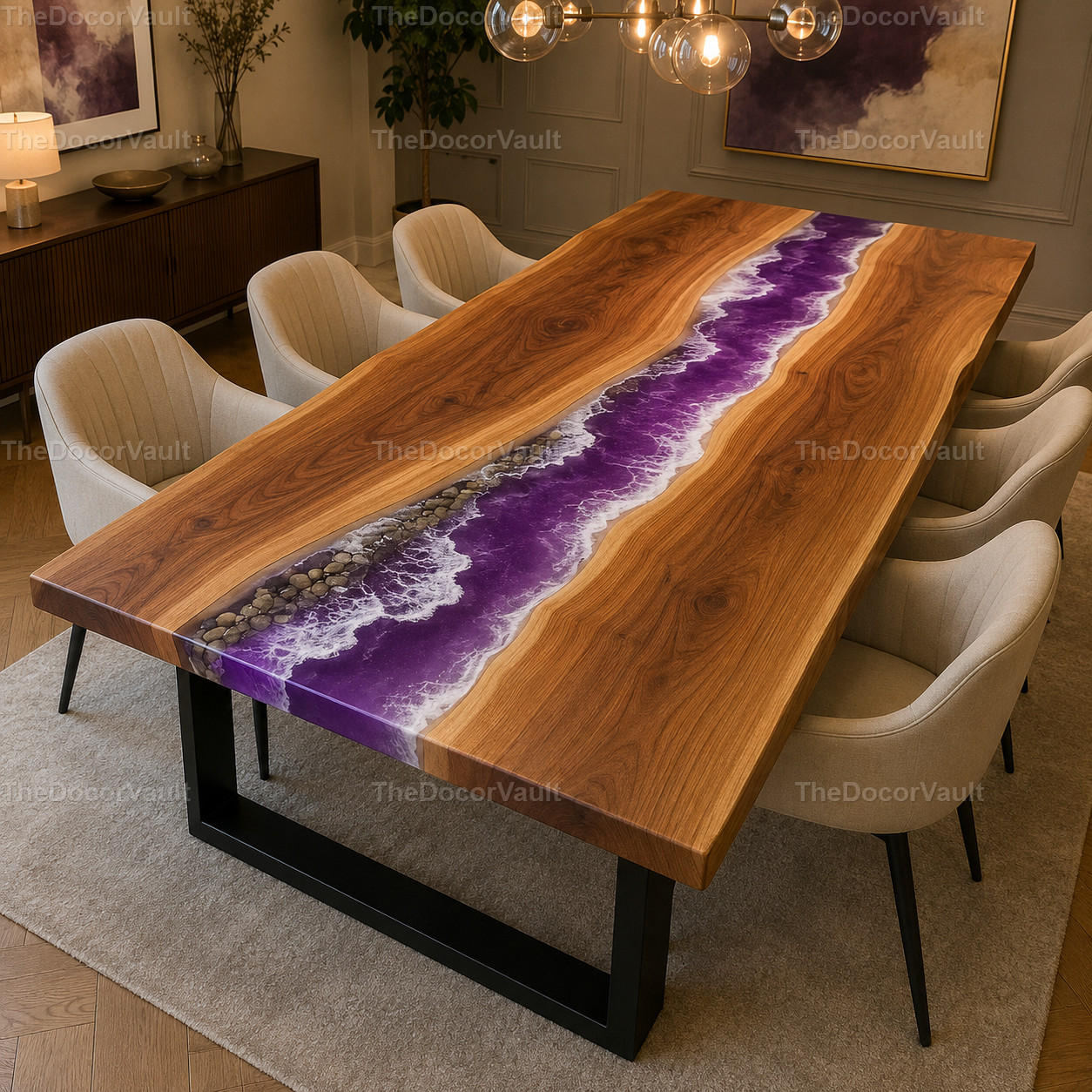 Handmade Purple Epoxy River Dining Table Top Live Edge Walnut Wood Custom table