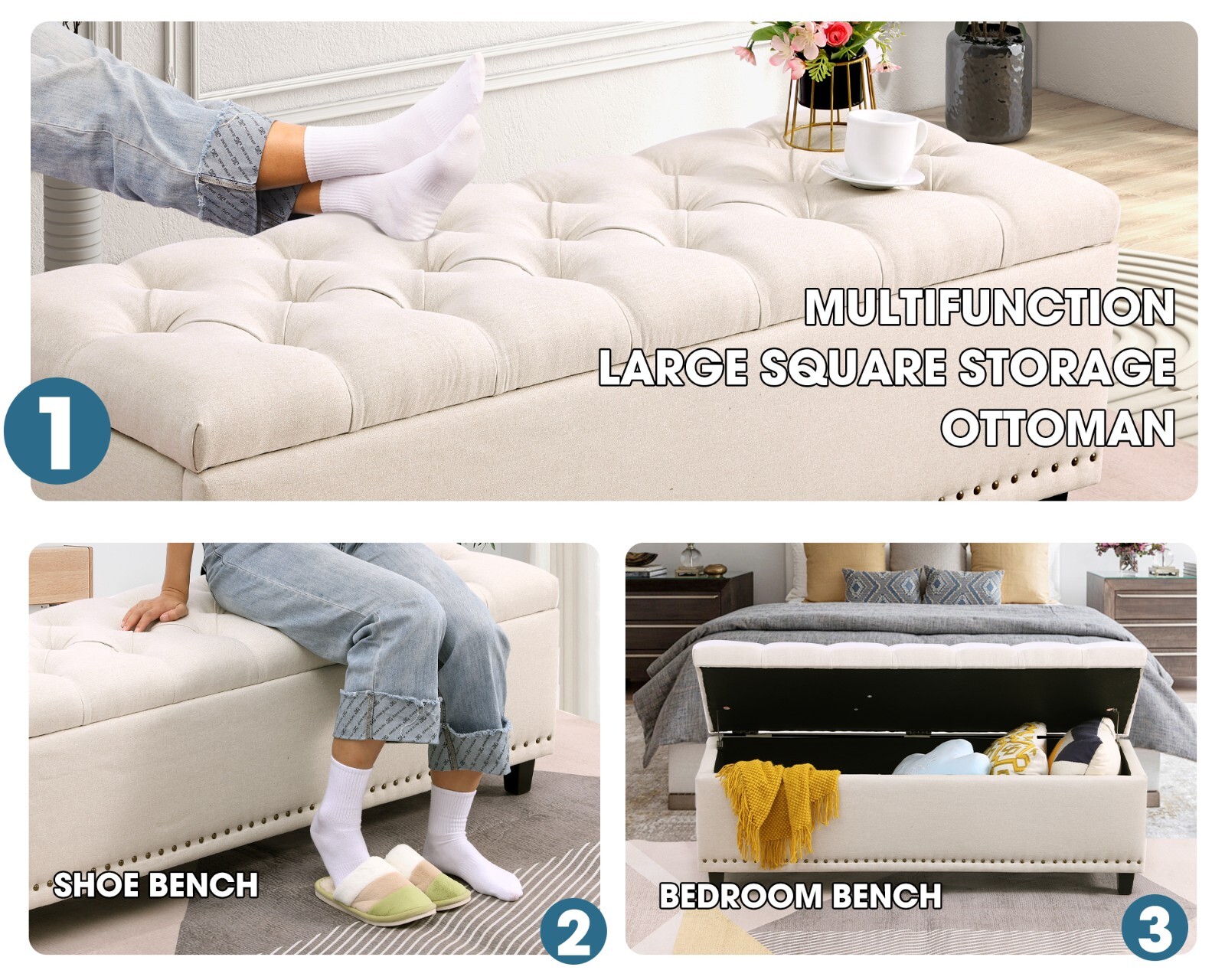 51″ Ottoman Storage Benches, 30 Gallons End of Bed Storage Bench