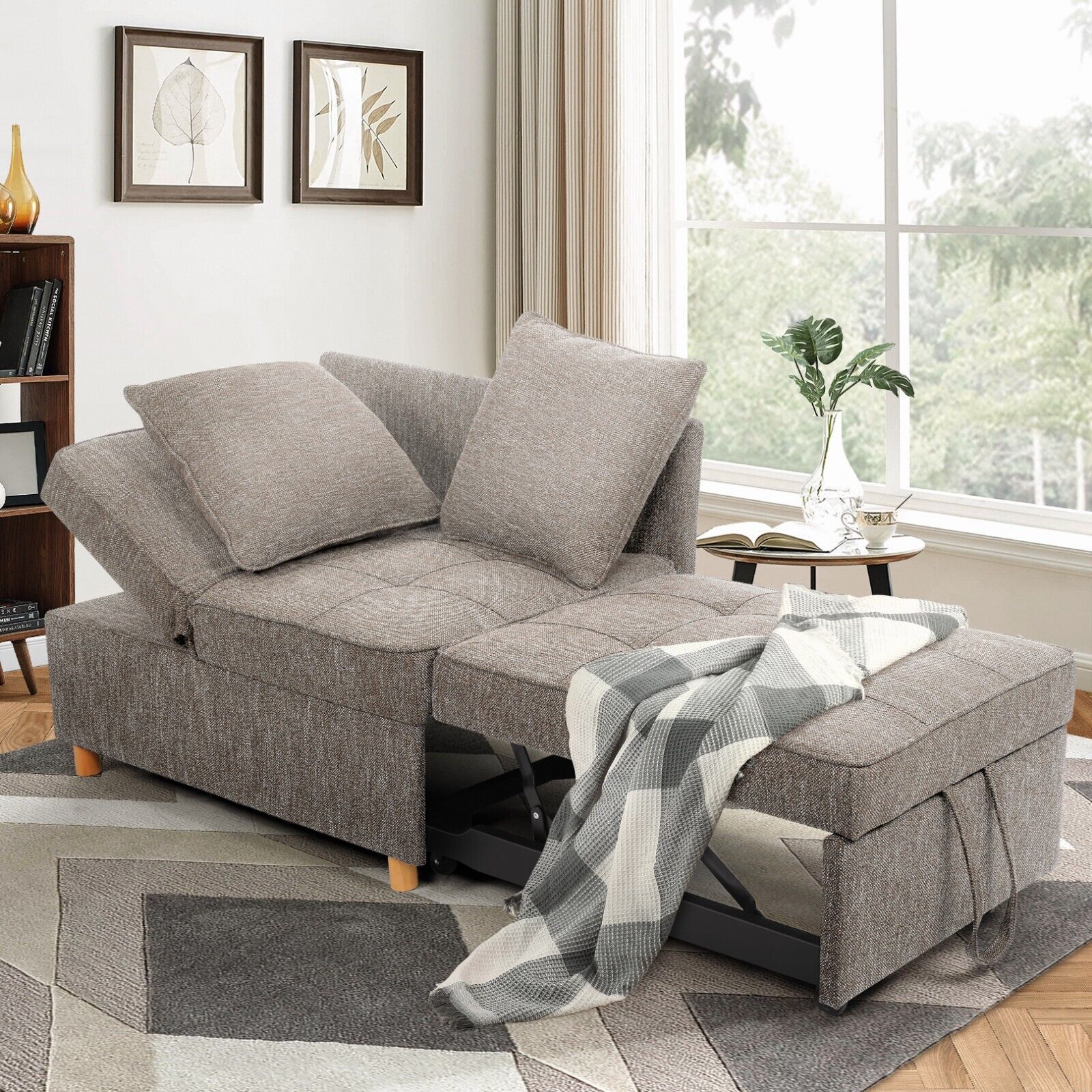 4-in-1 Sofa Bed Chair, Convertible Chair Linen Fabric loveseat Longer Sleeper✨