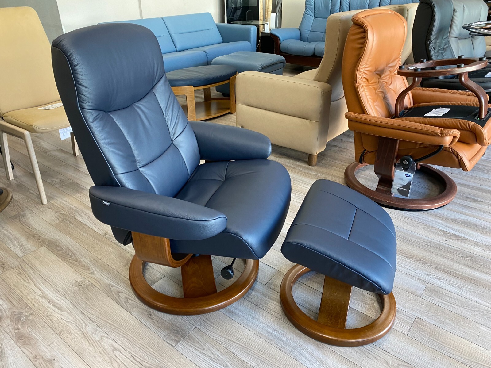 Fjords Muldal Large Recliner Chair + Ottoman – Blue Leather – Walnut Wood Stain