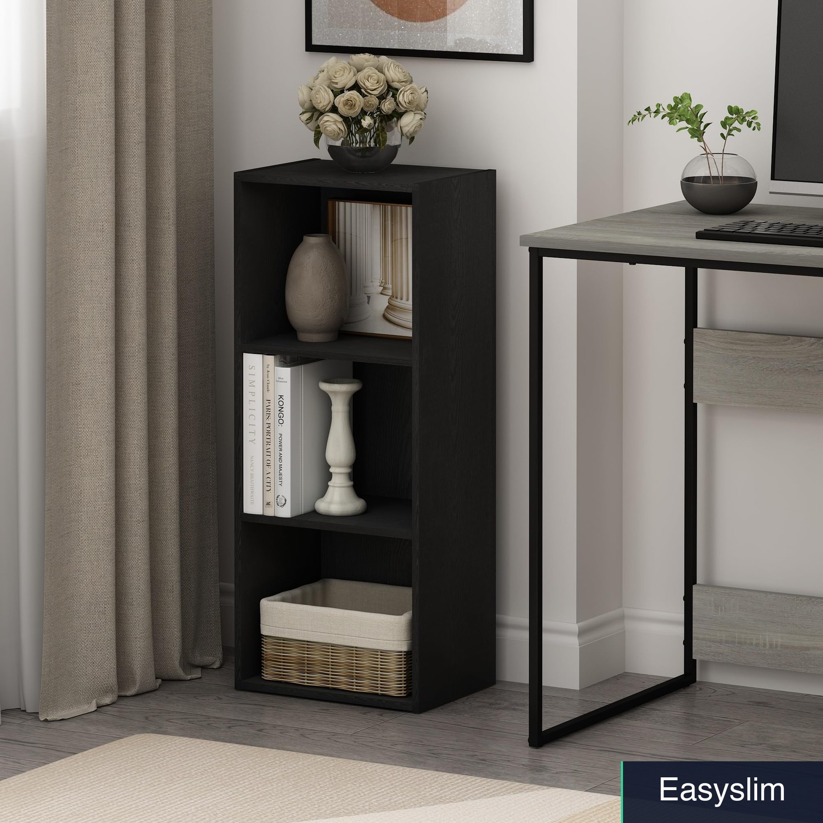 Bookcase 3-Cube, Open Shelf Storage, 9.3 x 12 x 31.5 Inches, Darkwood