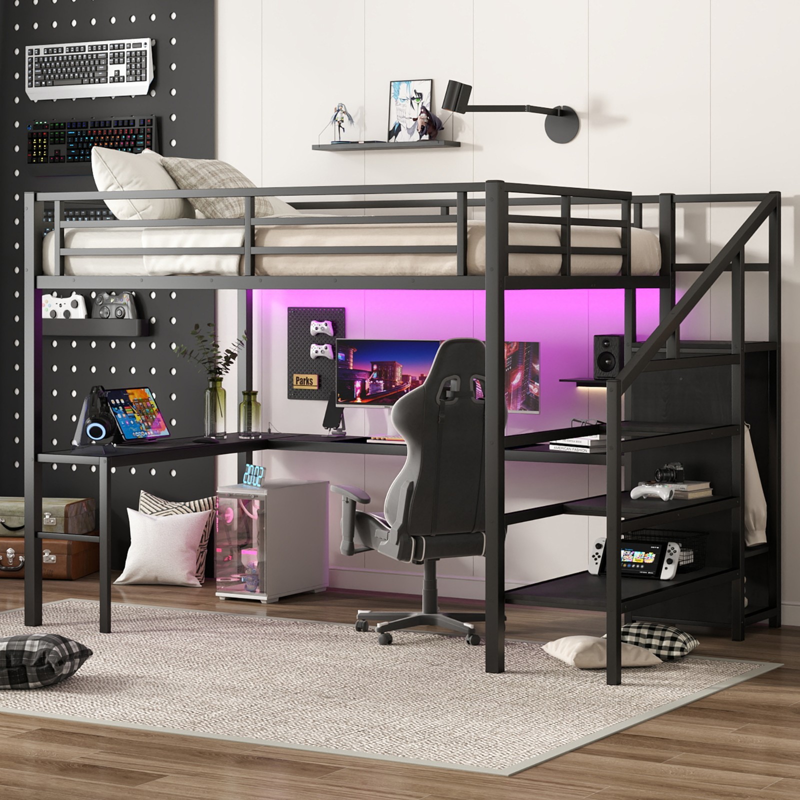 Queen Size Metal Loft Bed with L-shaped Desk,USB,Wardrobe and Adjustable Shelf
