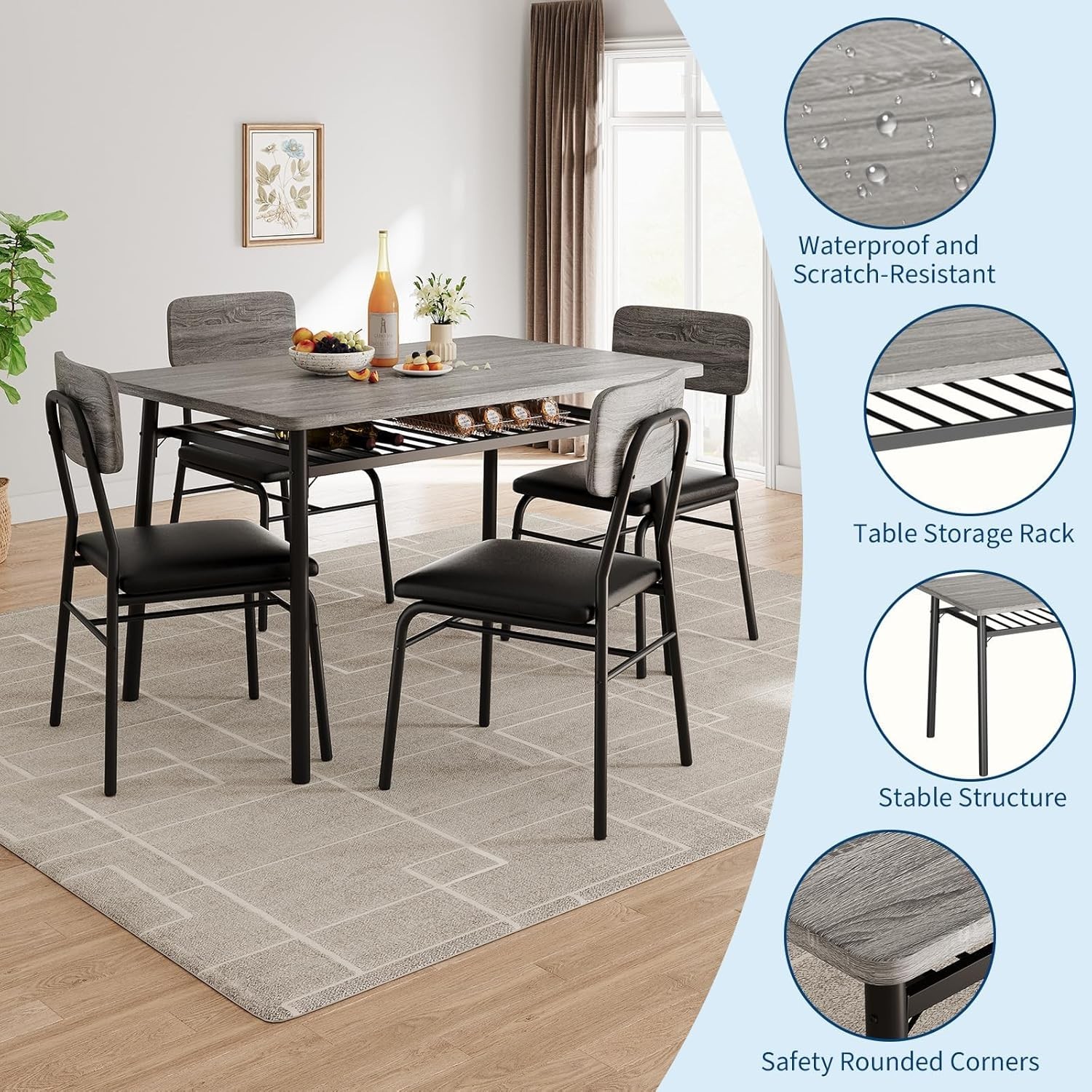 Dining Table Set for 4 with Storage Rack, 5-Piece Kitchen Table and Upholstered