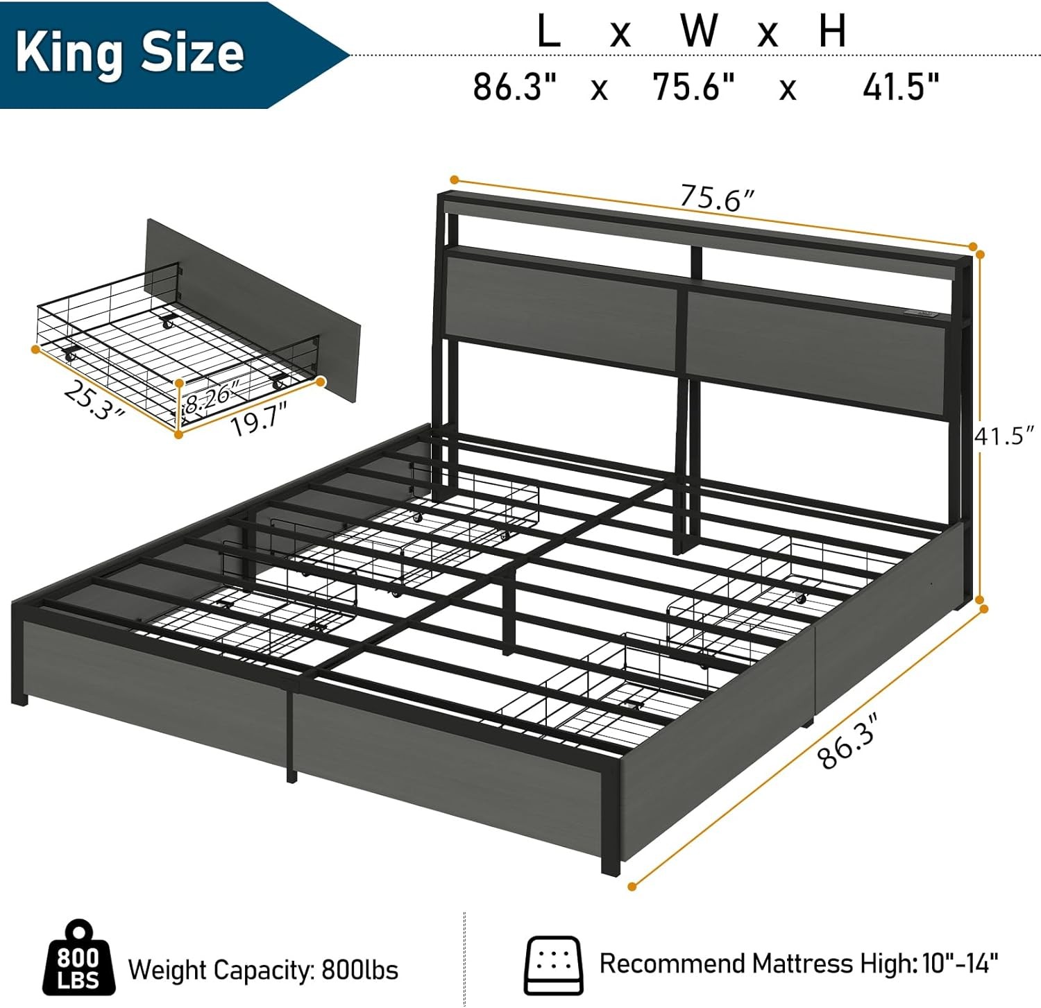 Full Queen King Size Metal Platform Bed Frame w/ LED Lights,4 Drawers,Headboard