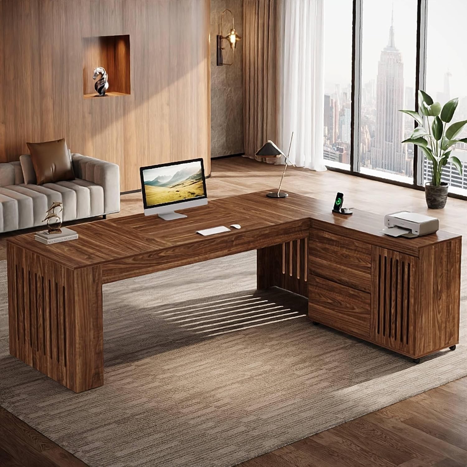 70.87″ L-Shaped Executive Desk Modern Office Computer Desk with File Cabinet