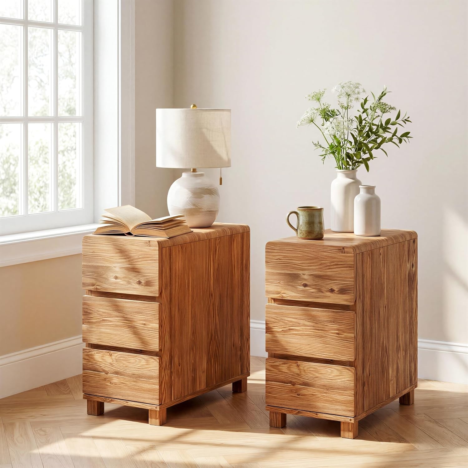 Solid Wood Nightstand with 3 Drawers, Rustic Narrow Bedside Table for Bedroom
