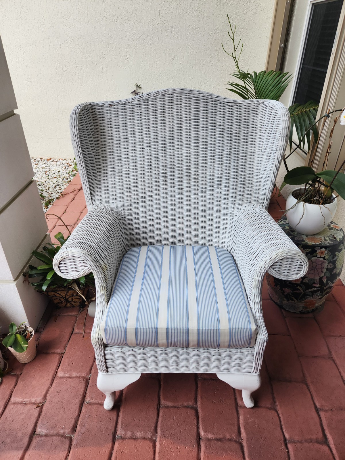 Antique White Wingback Wicker Rattan Chair