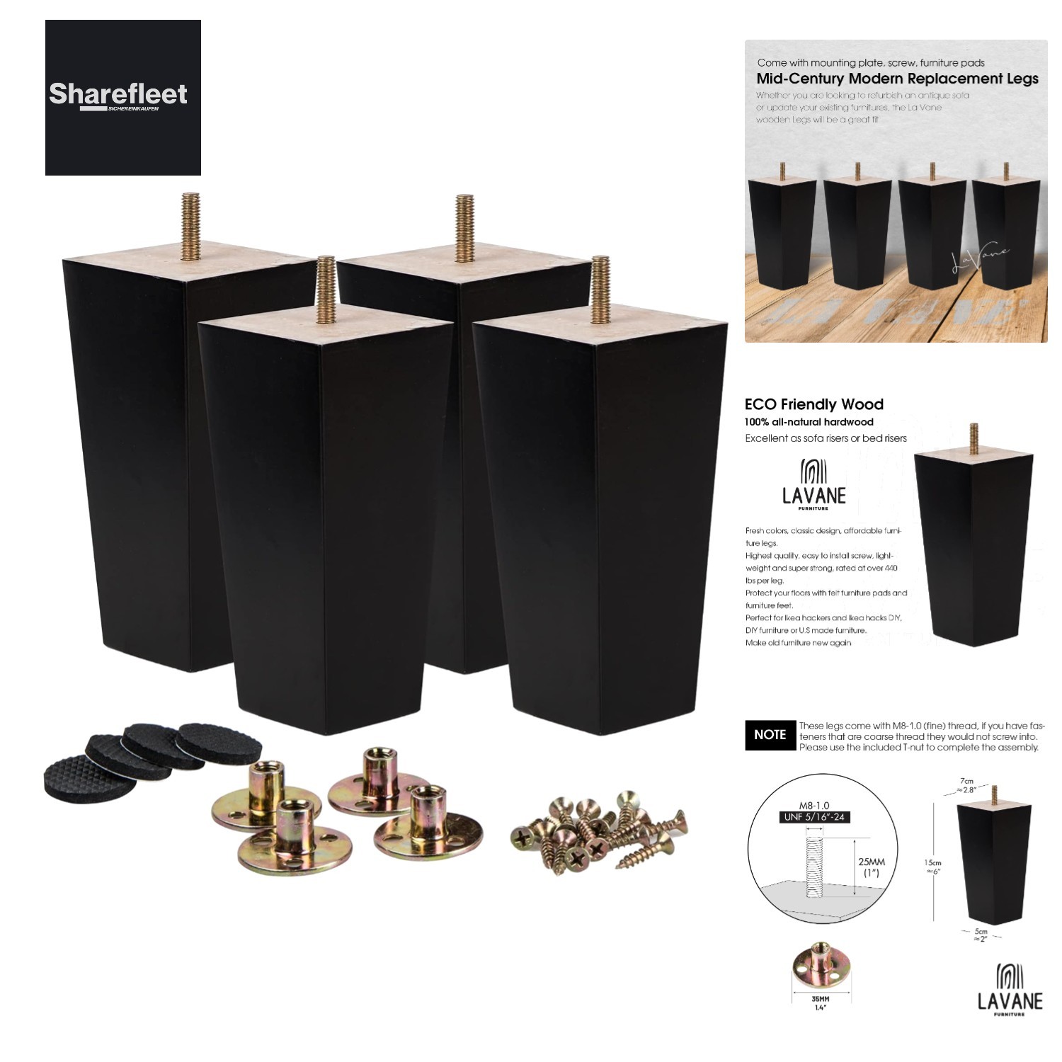Set of 4 Solid Wood Furniture Feet – 20cm Height, Black, Pyramid Shape with M8 G…