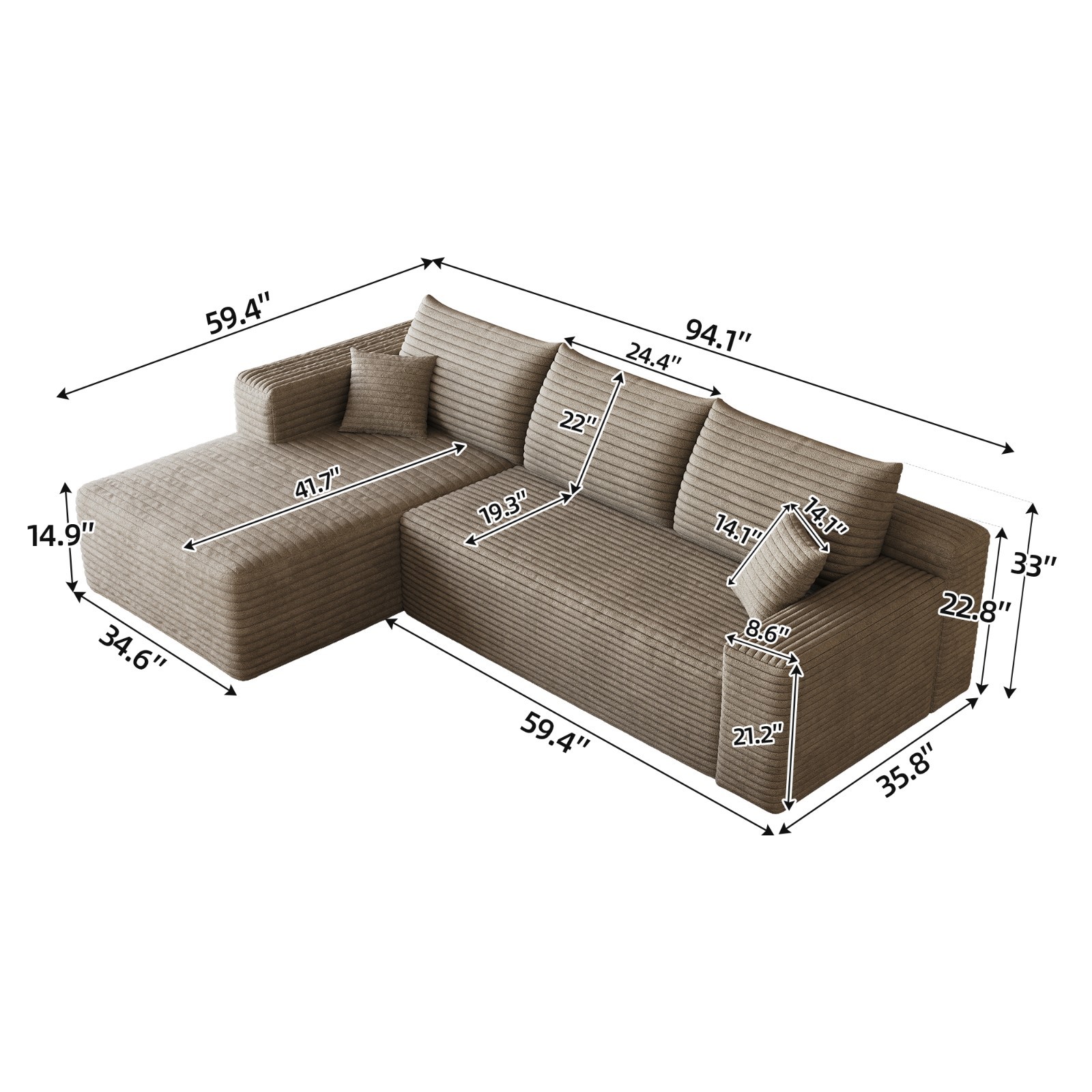 95″ L Shape Couch Comfy Sectional Boneless Sofa with Left Chaise for Living Room