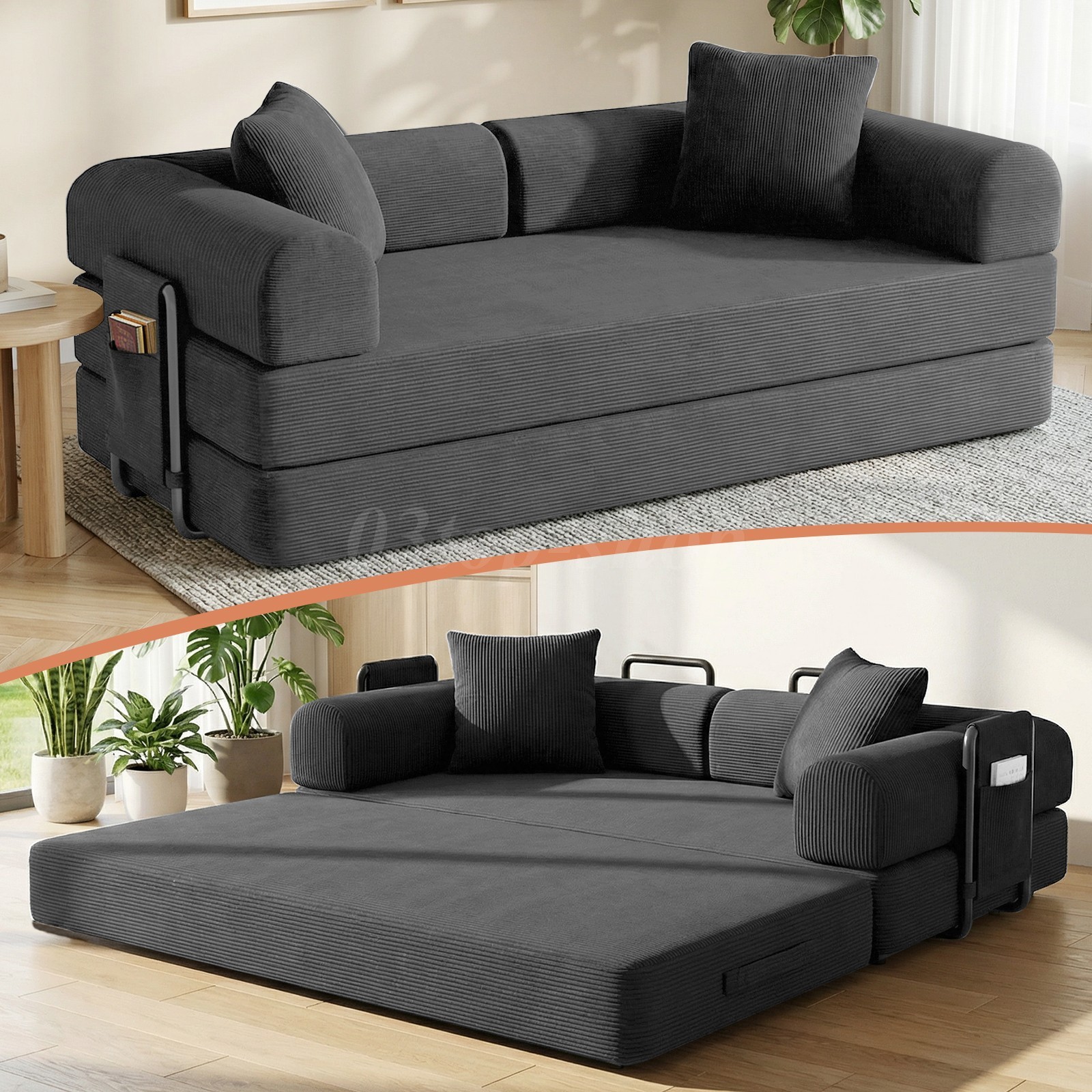 Washable Sofa Bed Couch Sleeper Convertible Pull-Out Bed Couch With Side Pockets